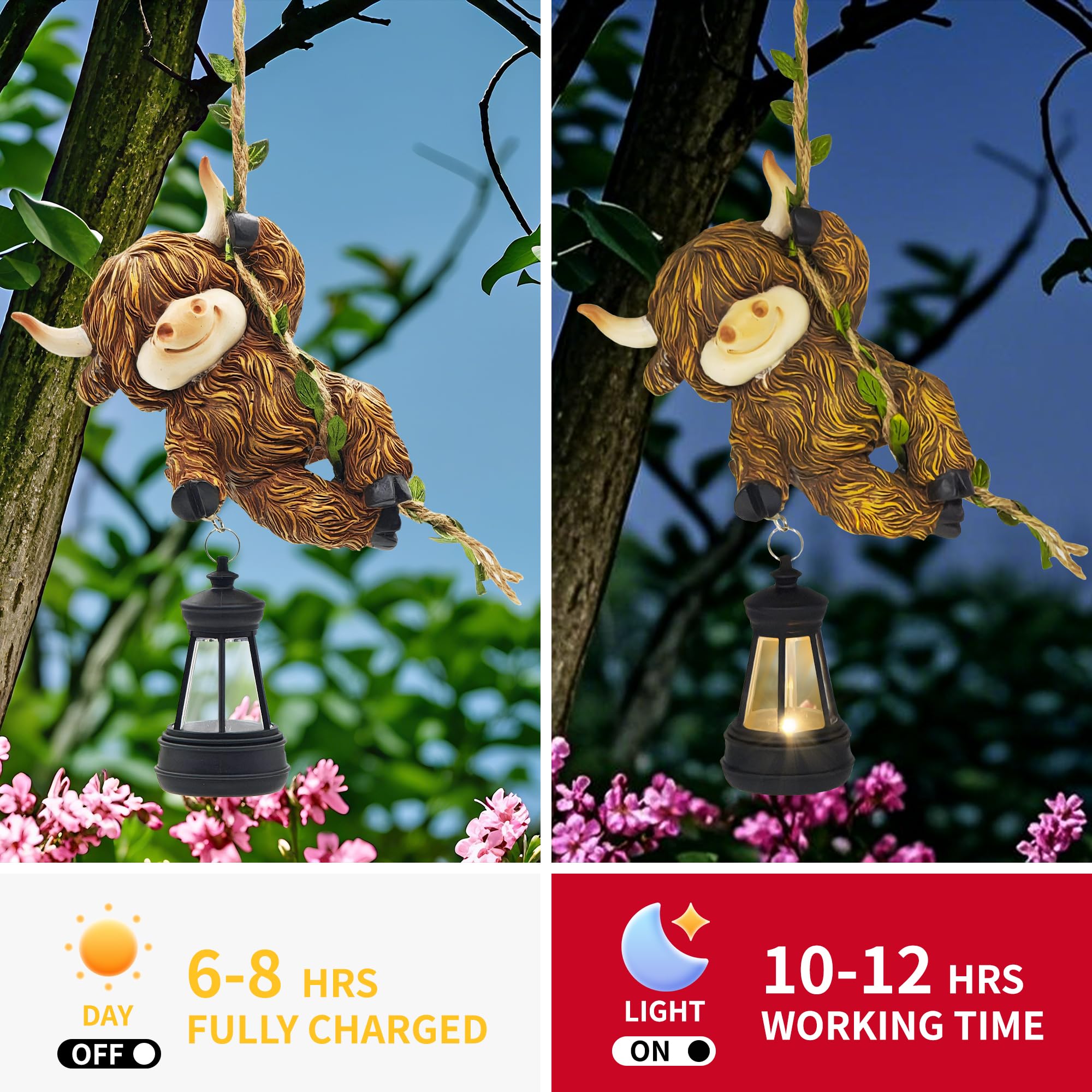 Cffownug Hanging Christmas Highland Cow Decor: Garden Cow Statues With Solar Lantern Tree Decorations For Outdoor Yard Lawn Patio Porch Ideal Gardening Gifts For Mom Grandma Women