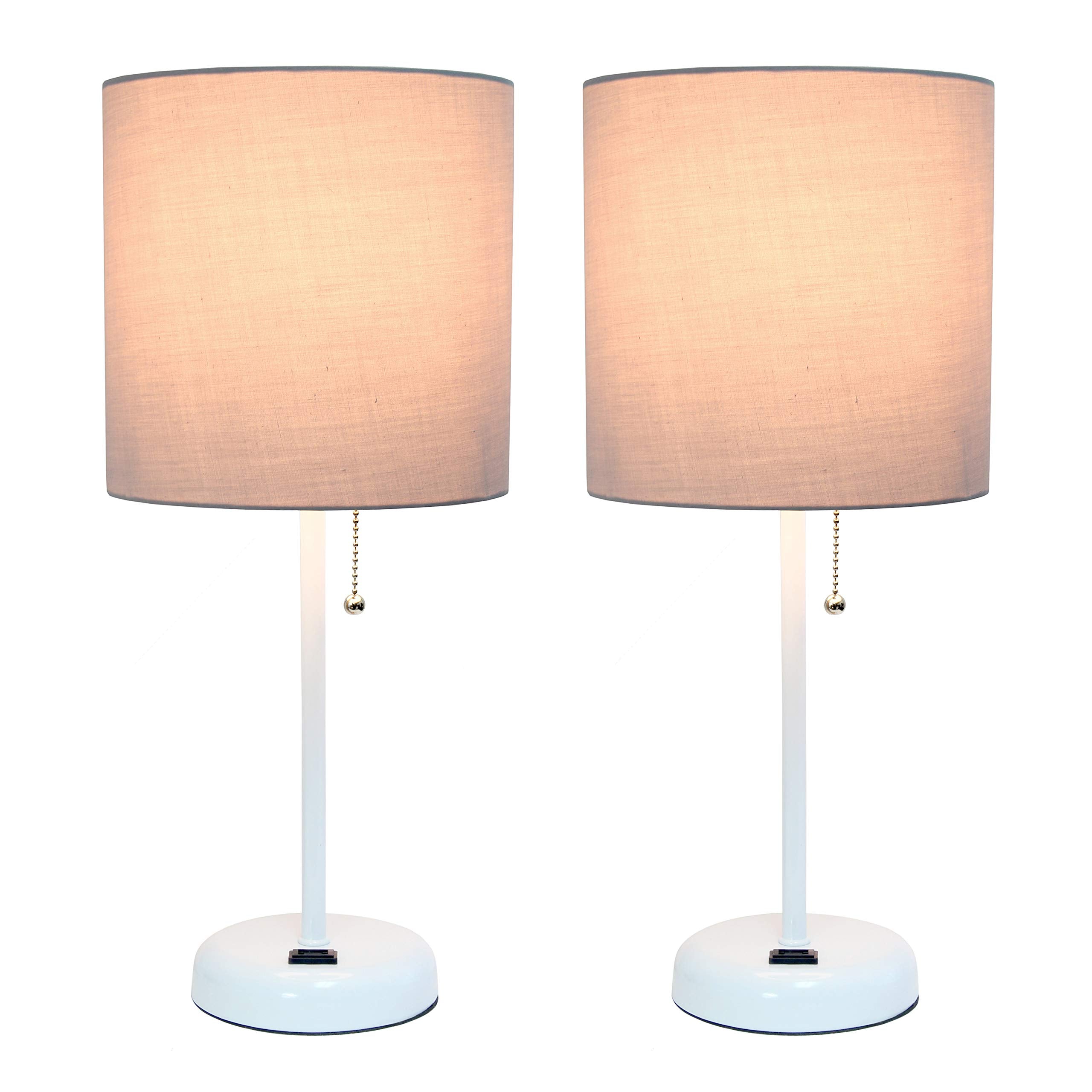 Simple Designs Lc2001-Gow-2Pk White Stick Table Lamp Set With Charging Outlet And Gray Fabric Shades, 2 Pack Set