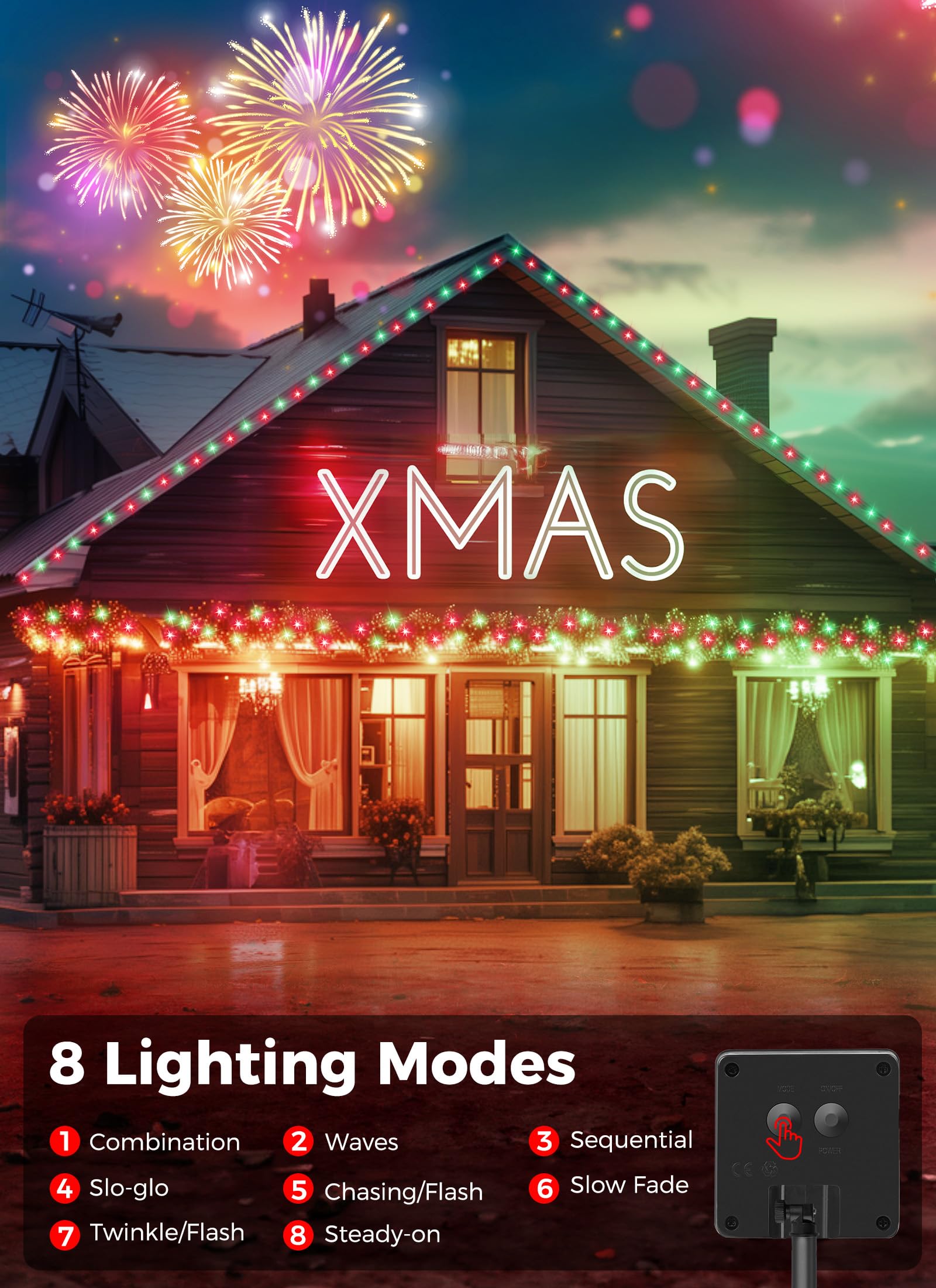 Minetom Solar Christmas Lights Outdoor Waterproof, 40Ft 100 Led Solar Lights With 8 Modes, Solar Christmas Outdoor Decoration, Solar String Lights For Outside House Tree Party Yard, Red & Green