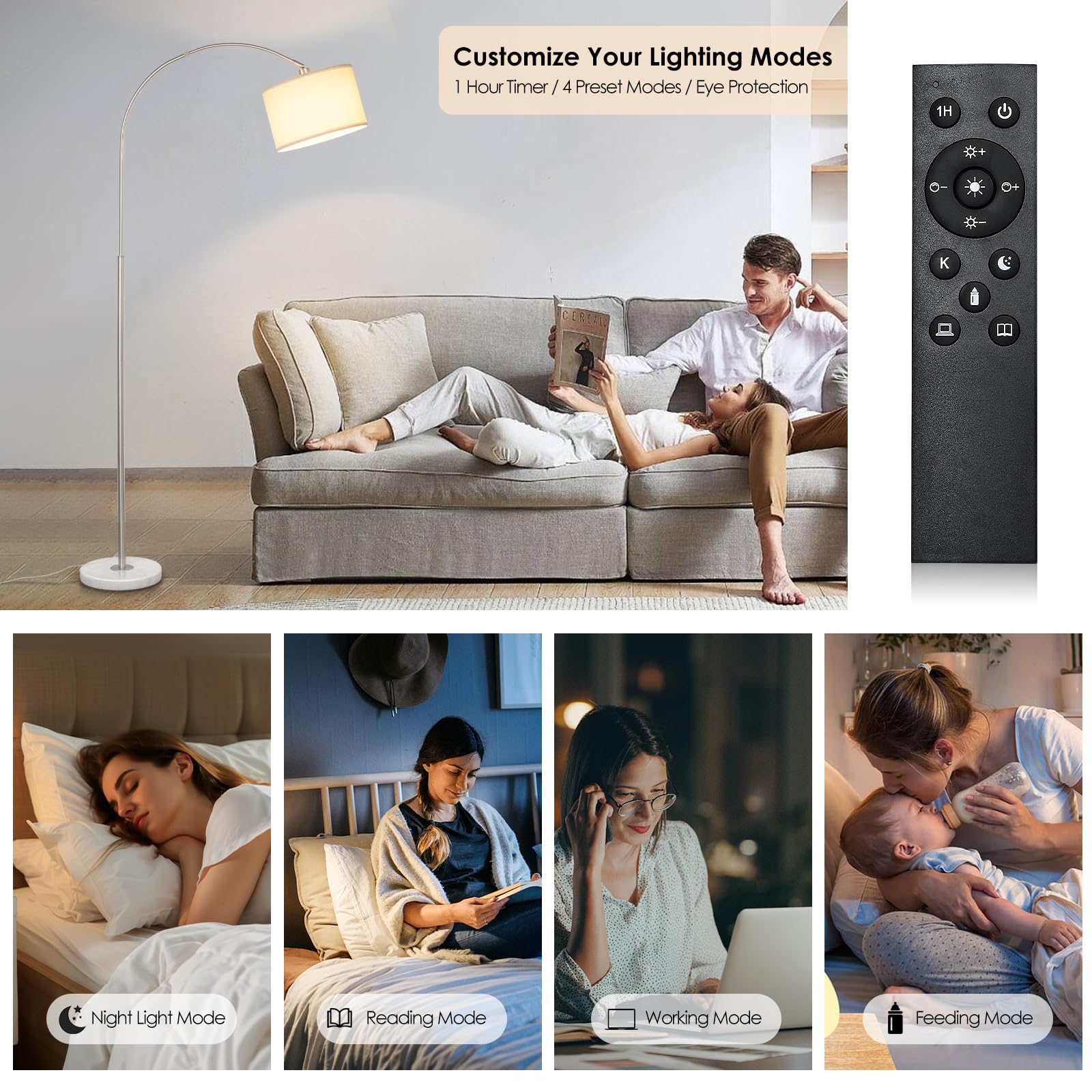 Qingmiao Arc Floor Lamp, Modern Metal Standing Lamp with Dimmable Bulb, Foot Switch, Silver, Model QM-FL-ARC