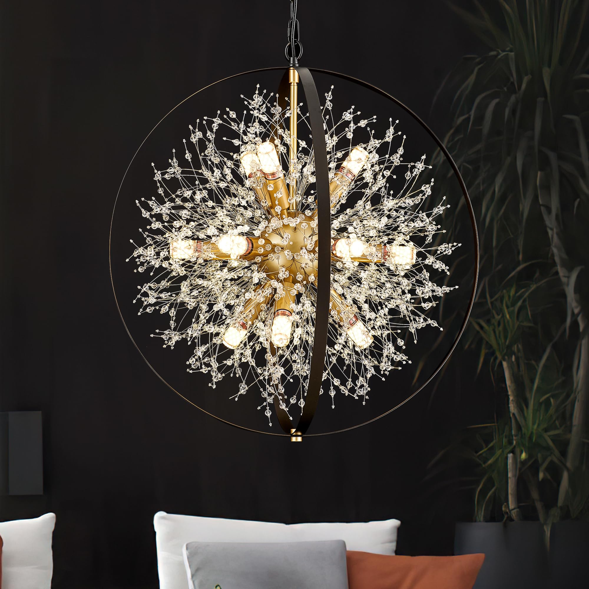 TACDANDM Modern Crystal Chandeliers Firework, 23.2'' Black Gold 12-Light Globe Dandelion Sputnik Chandelier, Hanging Pendant Lighting Fixture for Dining Room, Bedroom, Kitchen, Entryway, Foyer