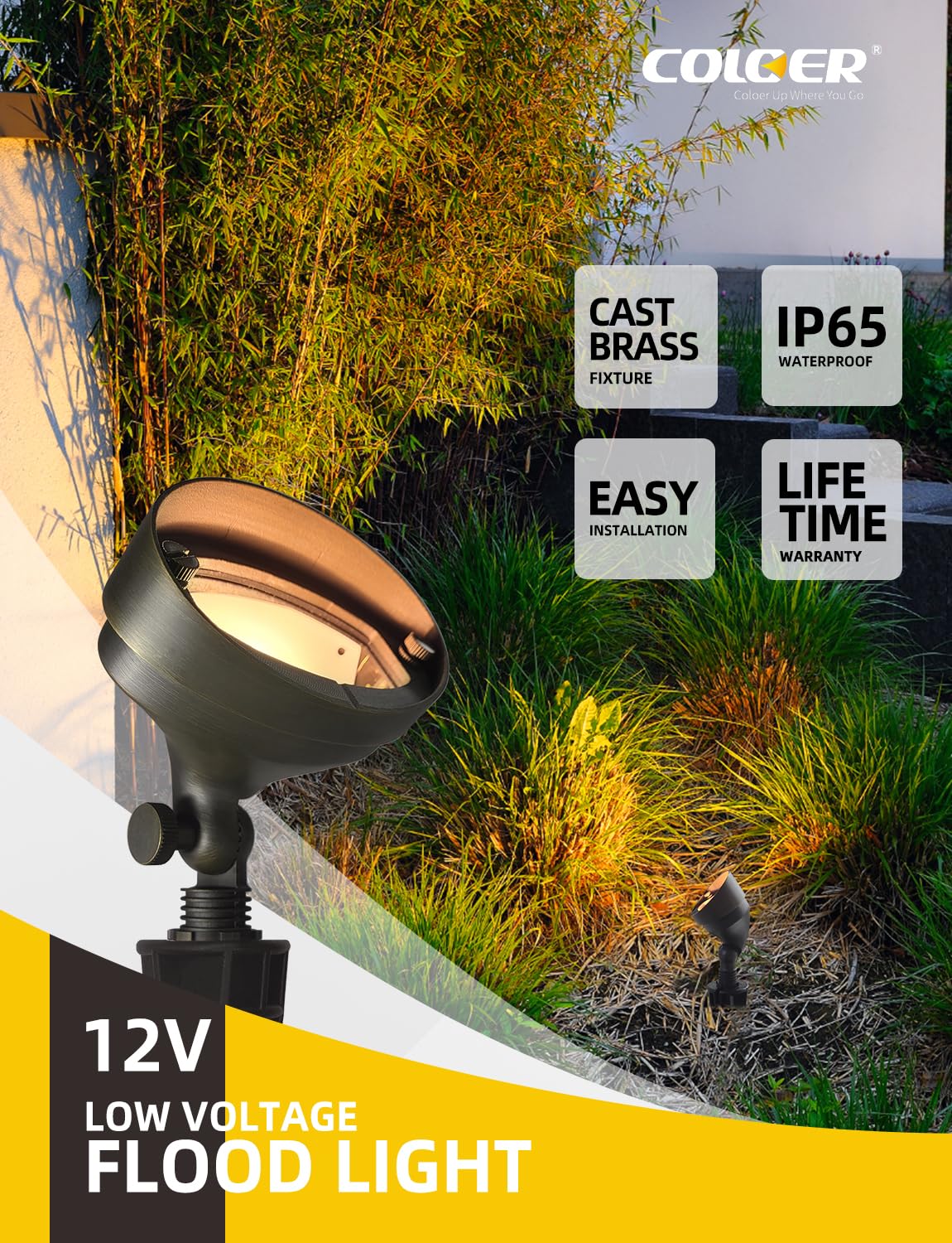 Coloer Die-Cast Brass Landscape Wall Wash Lighting,12-15 Volt Low Voltage Flood Lights,Outdoor Led Floodlight Fixture For Illumi