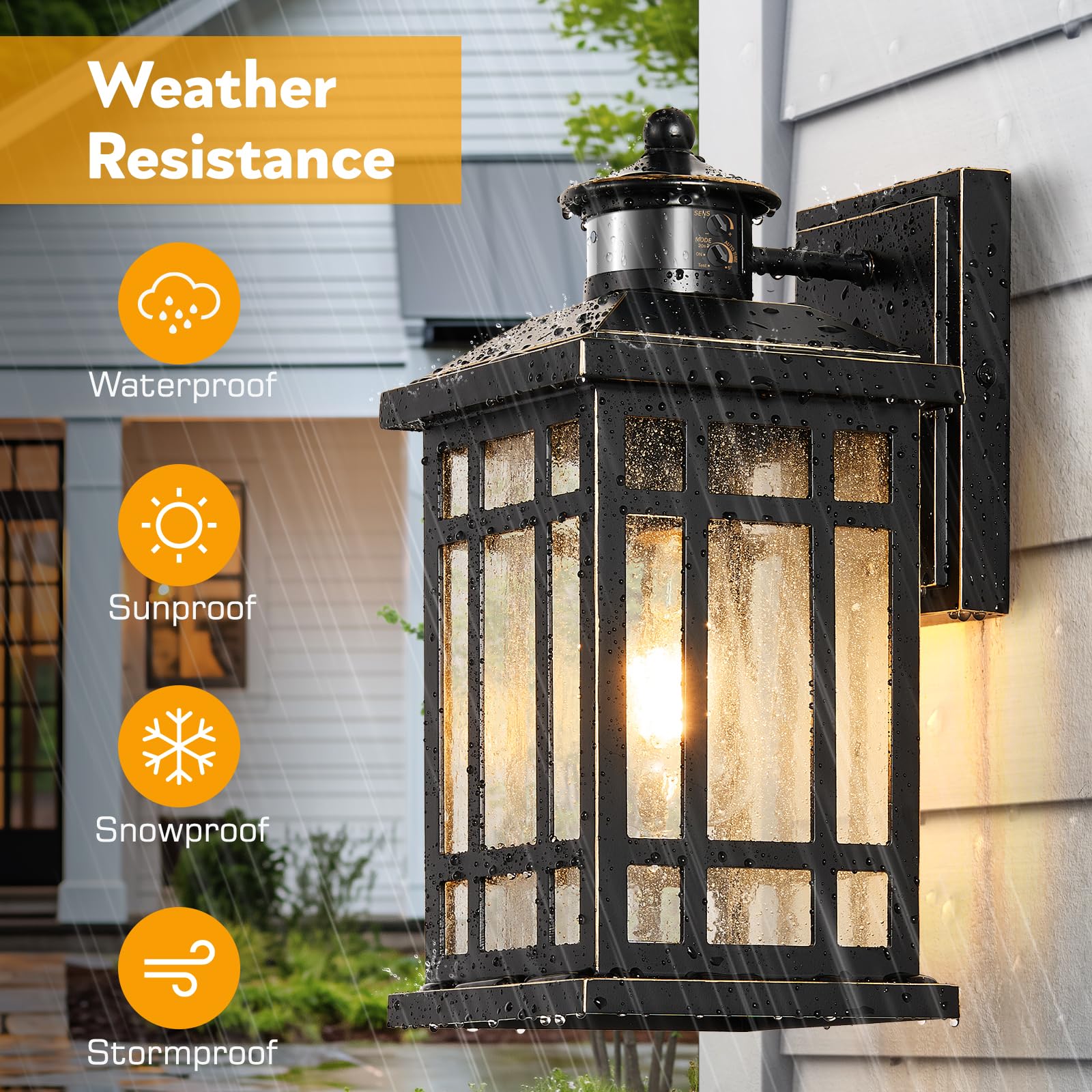 Distance-Adjustable Outdoor Lights For House  Modern Black Motion Sensor Outdoor Light With Gold Trim  Waterproof Dusk To Dawn Exterior Lighting Fixtures  Anti-Rust Outdoor Lanterns For Porch  Garage