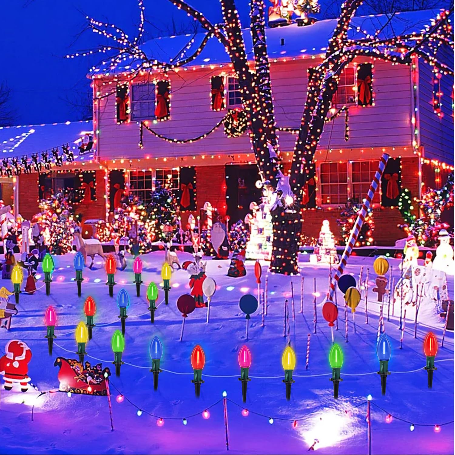 C9 Led Christmas Pathway Lights, 38Ft Multi-Color Christmas Pathway String Lights With 25 Multi-Color Led Light Bulbs And Stakes
