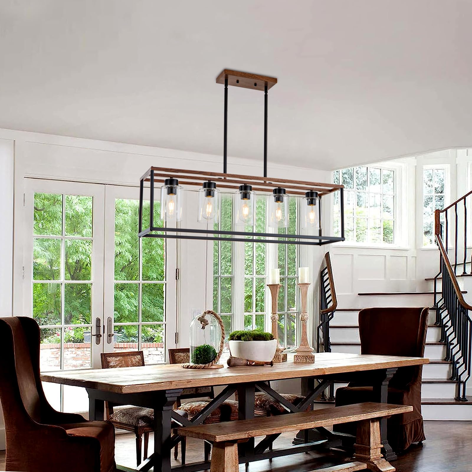 Hccz 5-Light Black Wood Farmhouse Chandelier - Adjustable Height Modern Industrial Pendant Light