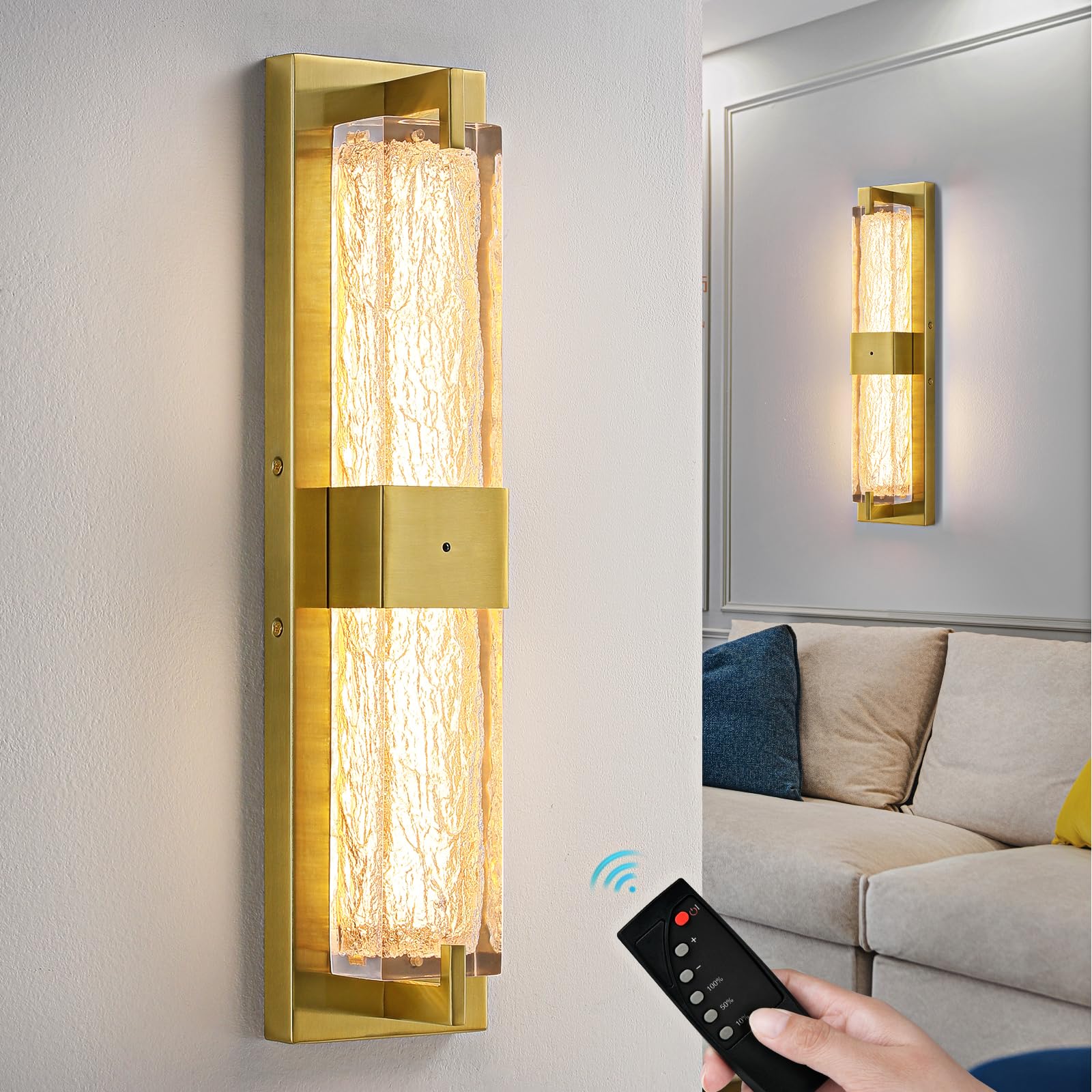 Battery Operated Resin Wall Sconce - Wireless Rechargeable Gold Wall Light Dimmable Led Remote Wall Sconces Lighting Modern Cordless Brushed Brass Vanity Light Fixture For Living Room Bedroom Bathroom