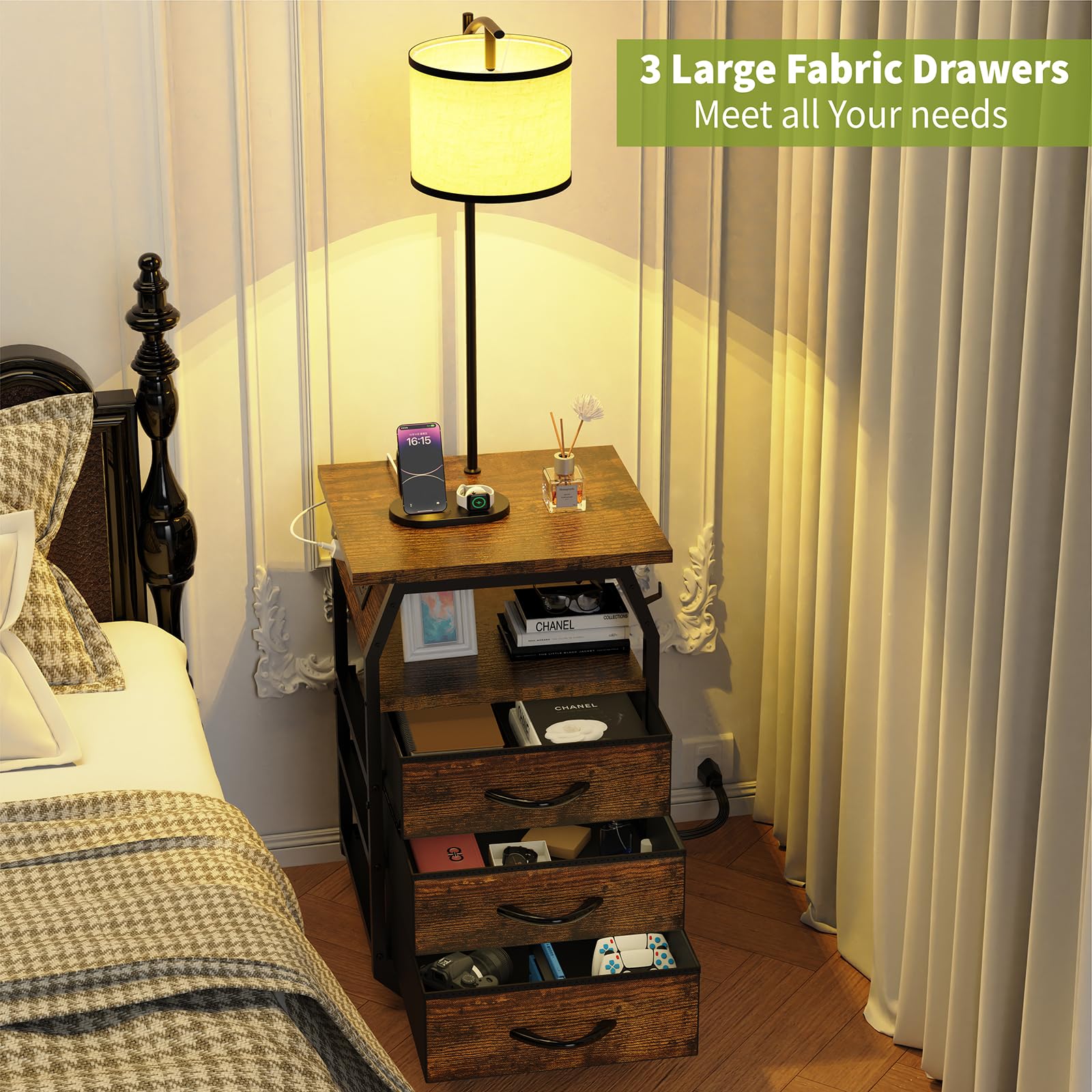 runjuly Floor Lamp & End Table Set of 2, Rustic Brown, 3-Color Temperature Bulb, Model AH0054-RB, with Charging & Drawers