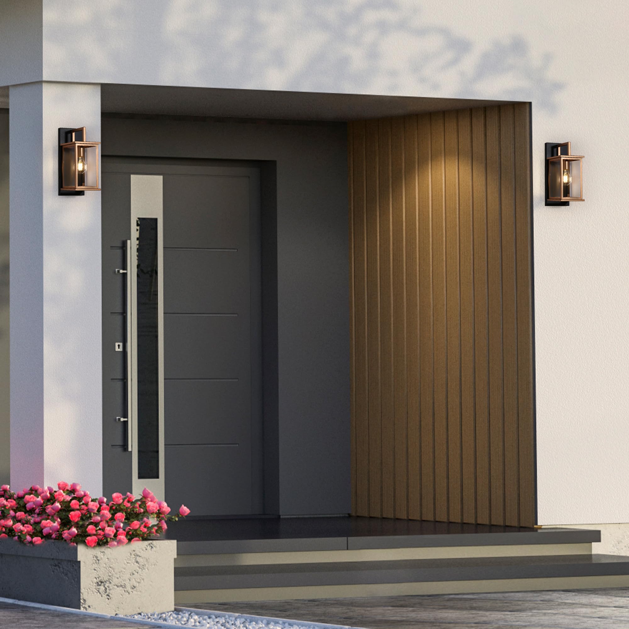 Gepow Black And Gold Outdoor Wall Lights, Modern Waterproof Sconce With Clear Glass Shade