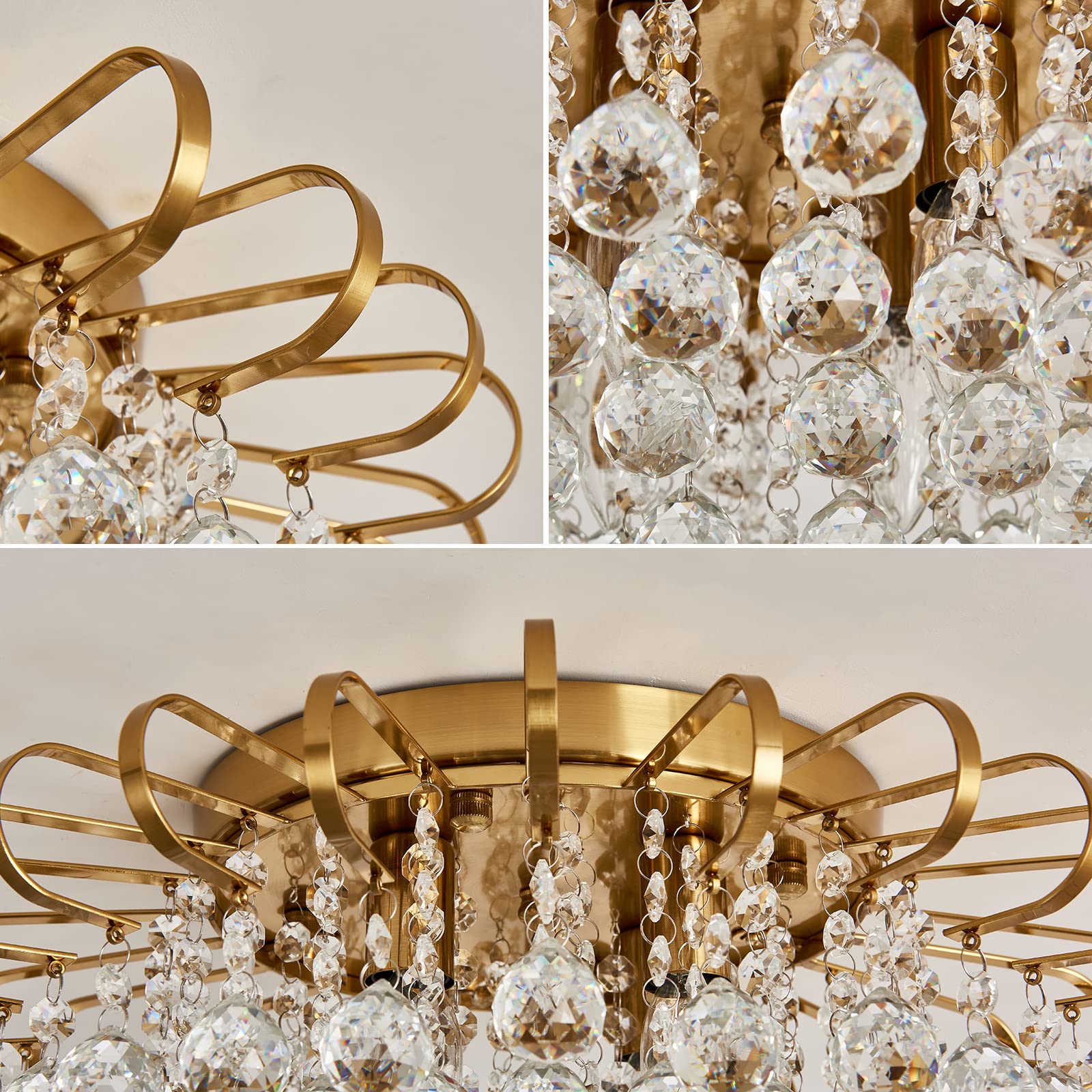 CVKASH 4-Lights Crystal Chandelier, Modern Semi Flush Mount Ceiling Light, 17.7 Inch, Gold Finish for Living Room, Hallway, Dining Room