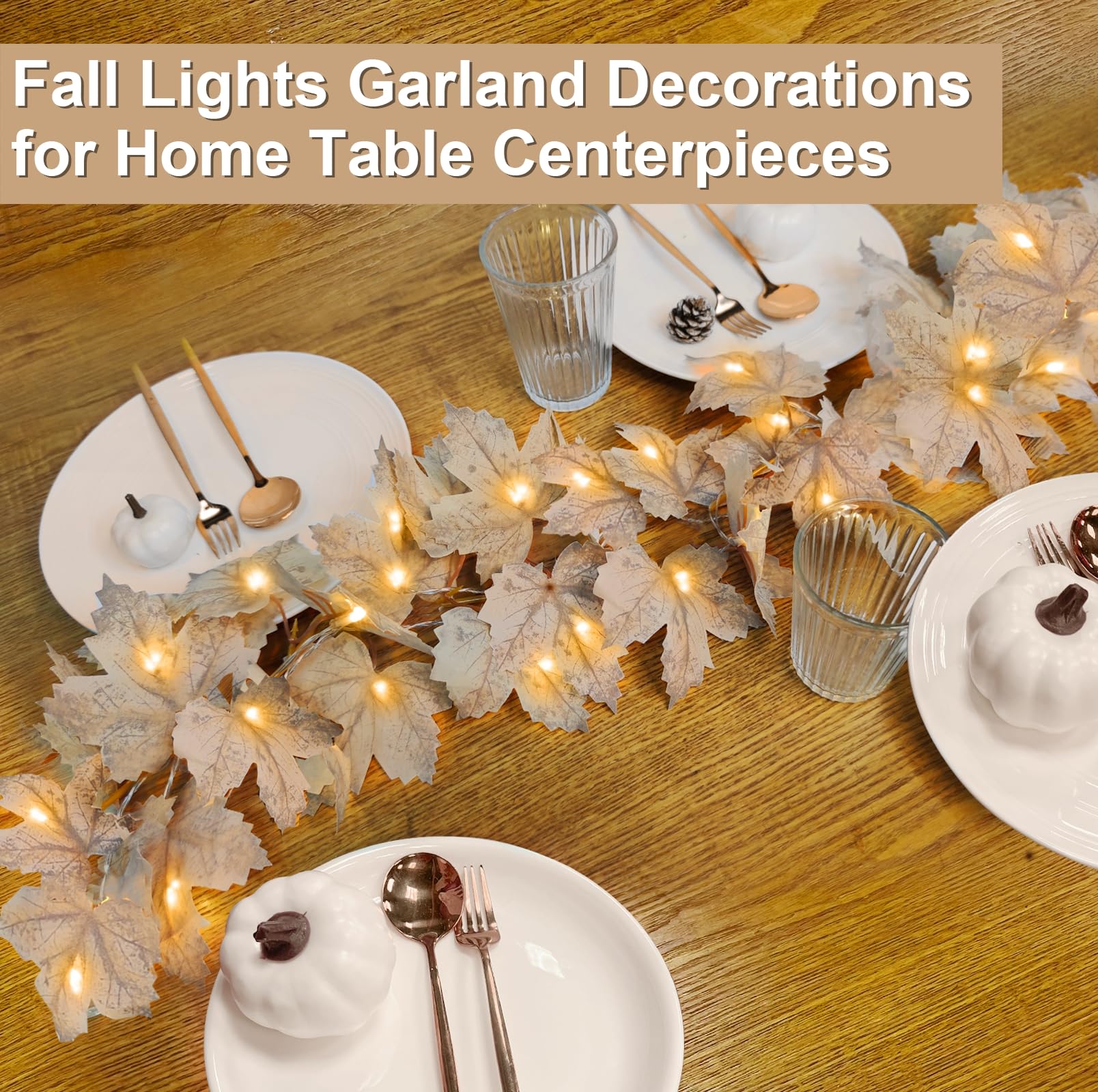 [ Timer & 3 Pack ] Fall Lighted Garland Halloween Fall Decor, 20Ft 60LED Autumn Maples Leafed Garland Waterproof Battery Operate