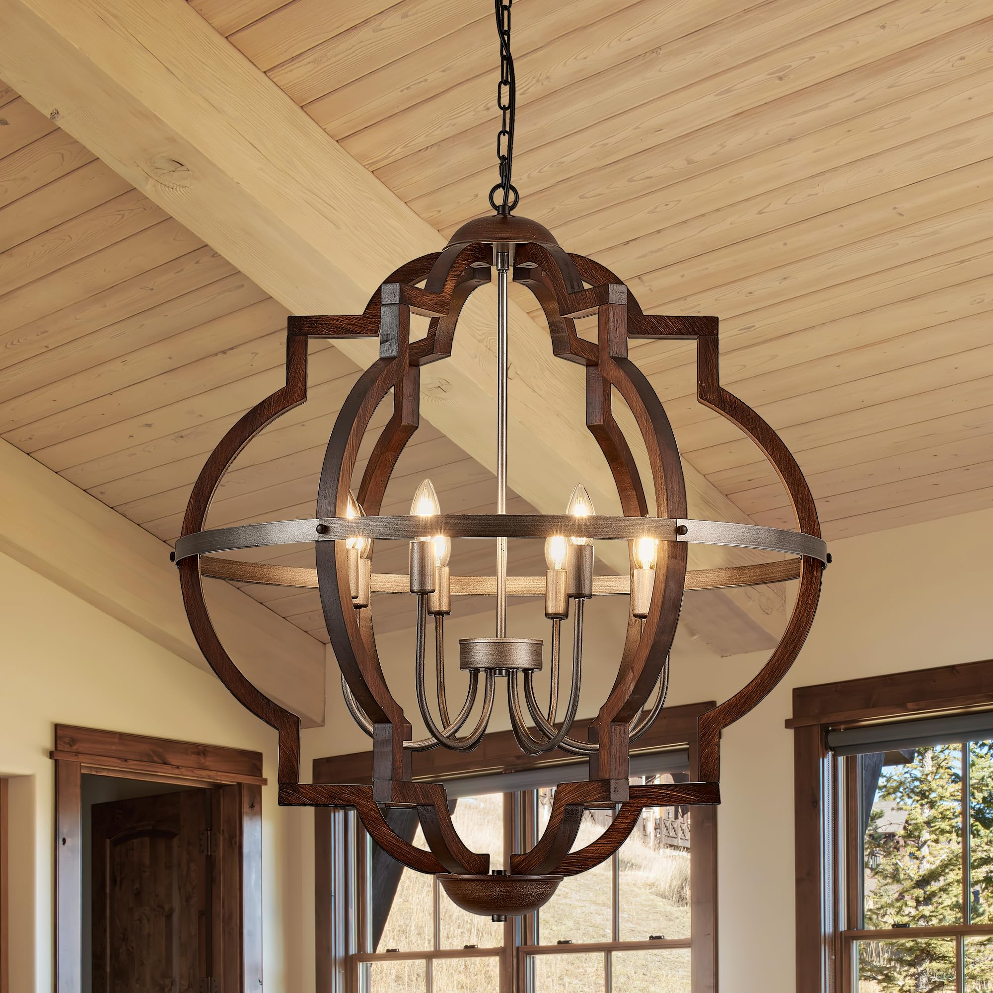 Tacdandm 31.5'' 8-Light Farmhouse Chandelier For Dining Room Vintage Rustic Oak Brown Wood Pendant Light Fixtures Globe Hanging Ceiling Lighting For Hallway Entry