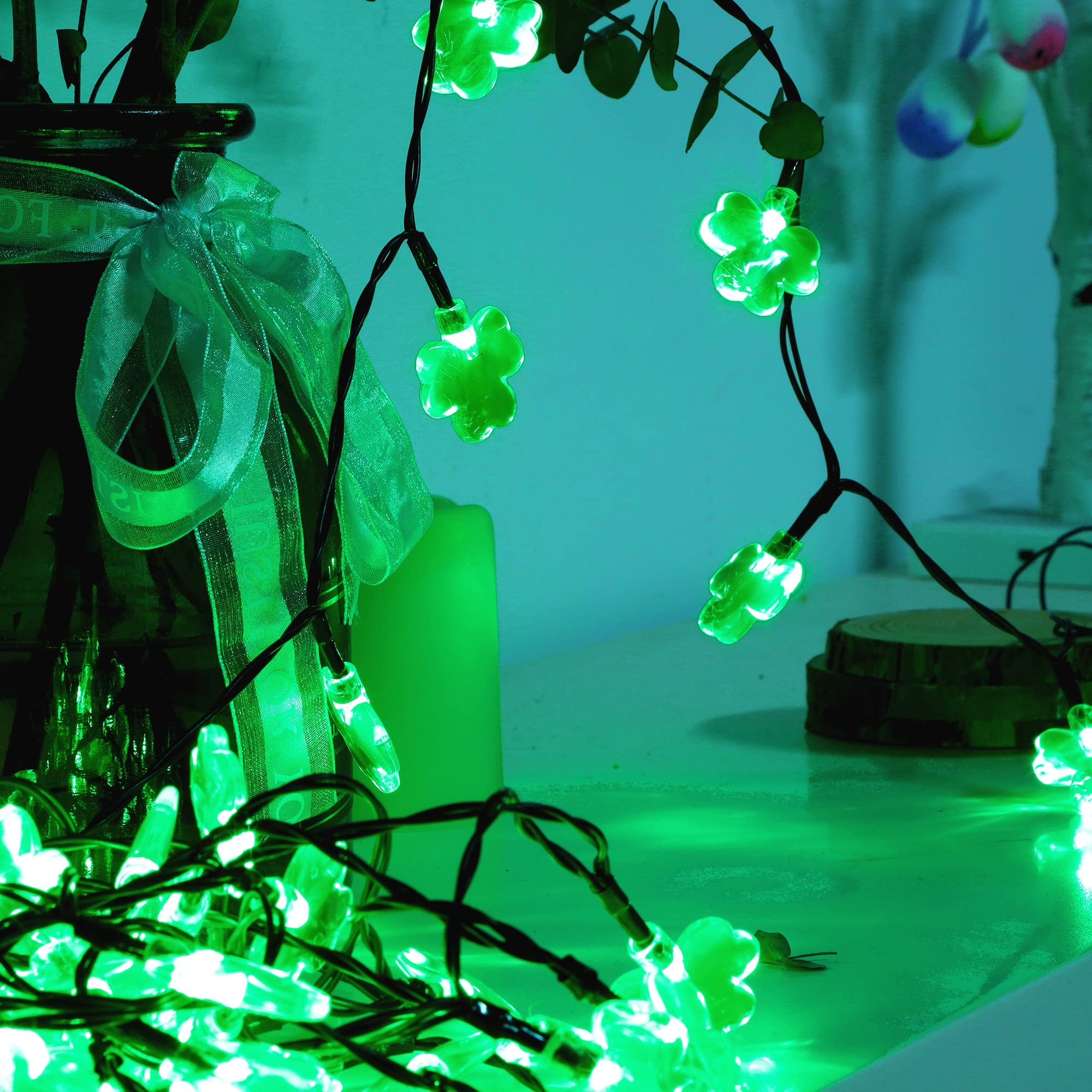 Ljlnion St. Patricks Day String Lights Outdoor, 50 Led 16 Ft Shamrocks Decorative Green Leaf Lights Battery Operated, 8 Lighting