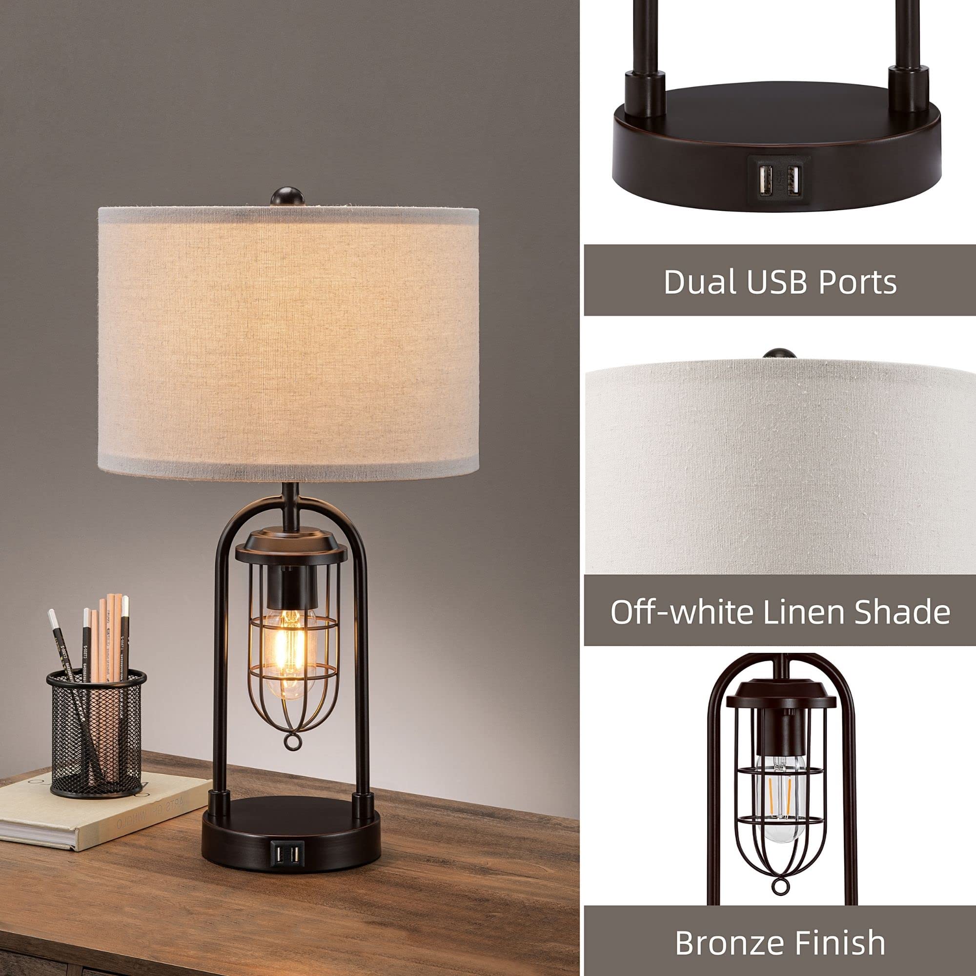 Kawoti Set Of 2 Farmhouse Table Lamps With Usb Ports And Night Light Modern Nightstand Lamp For Living Room Bedroom(Bulbs Included)