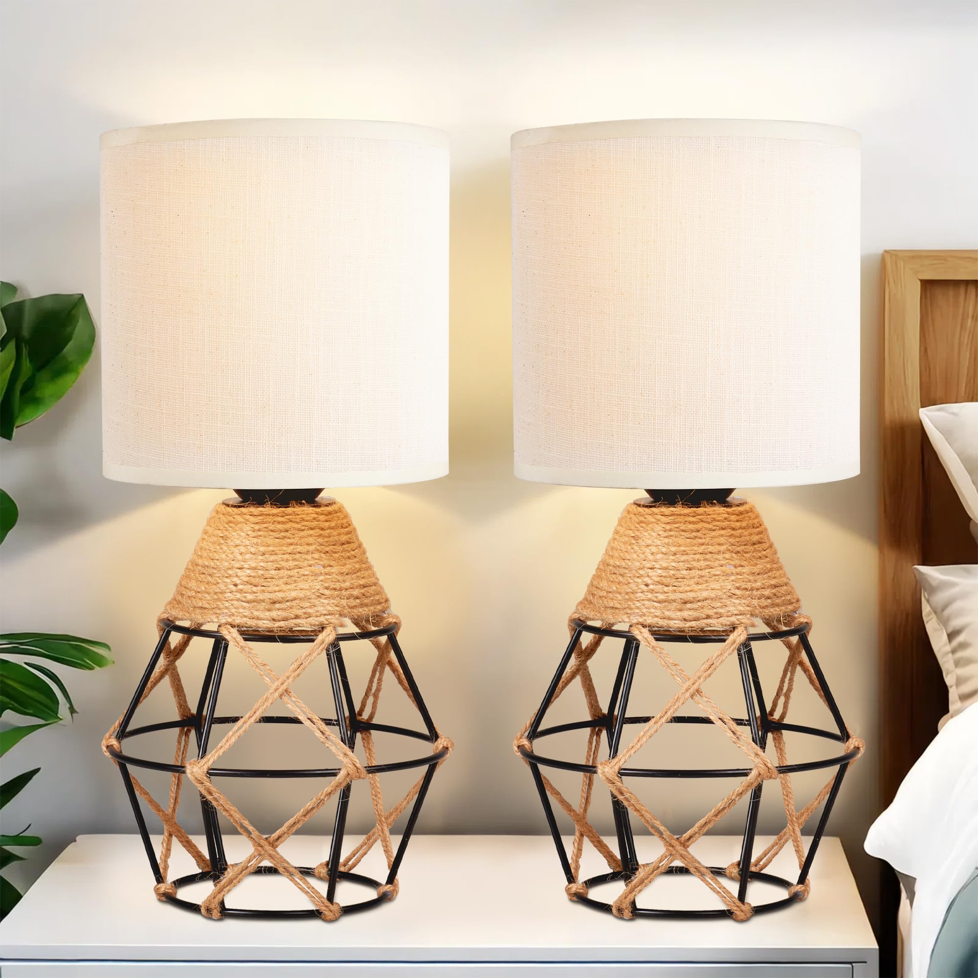 Hamilyeah Table Lamps Set Of 2 With On/Off Switch, Farmhouse Woven Bedside Lamps For Night Stands With Beige Linen Fabric Shade 