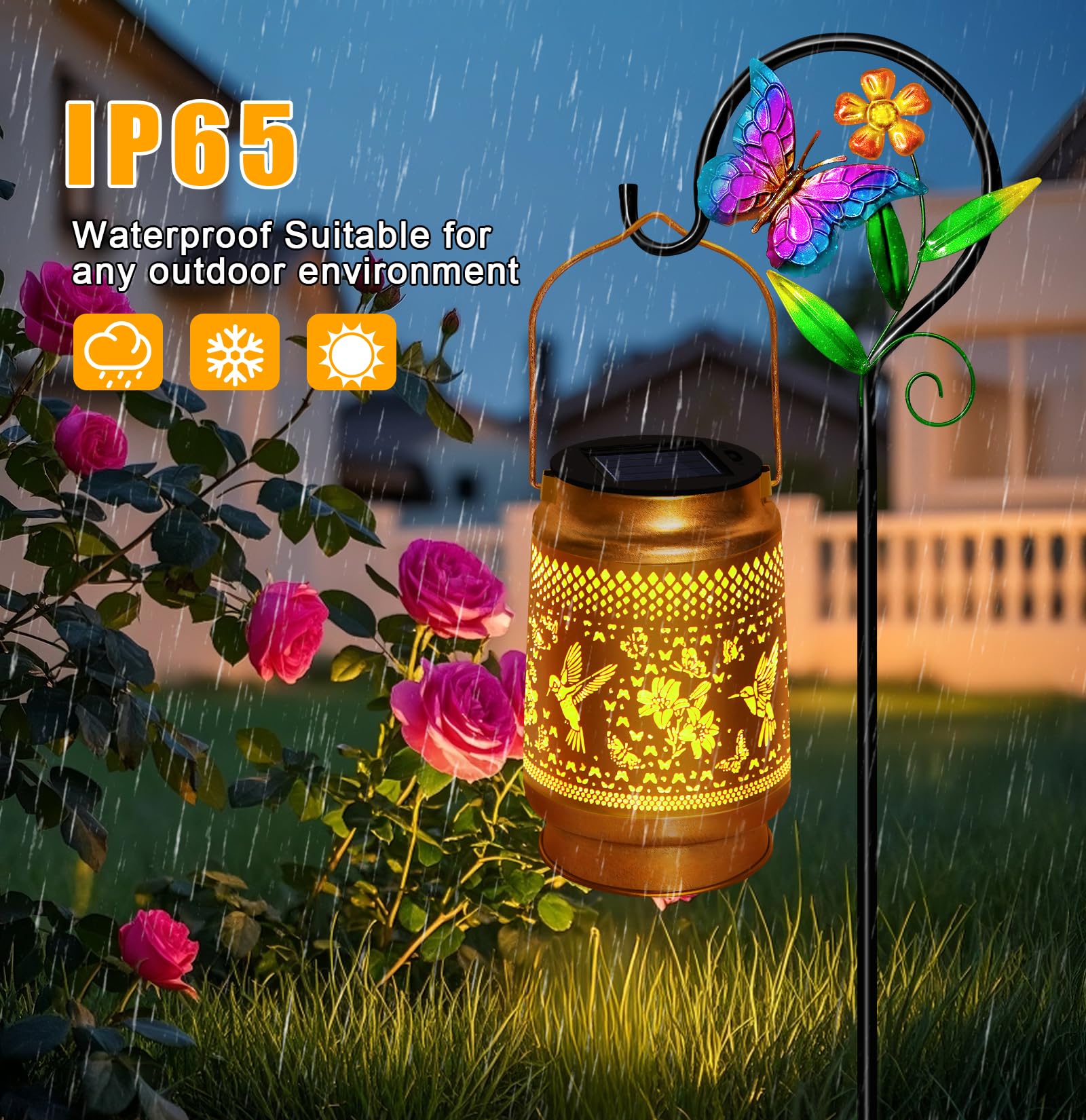Hummingbird Solar Lantern With Butterfly Shepherd Hook  Mom Gifts For Mothers Day & Birthday  Hummingbird & Butterfly Design  Outdoor Waterproof Metal Decor For Yard  Patio  Porch  Lawn & Tabletop