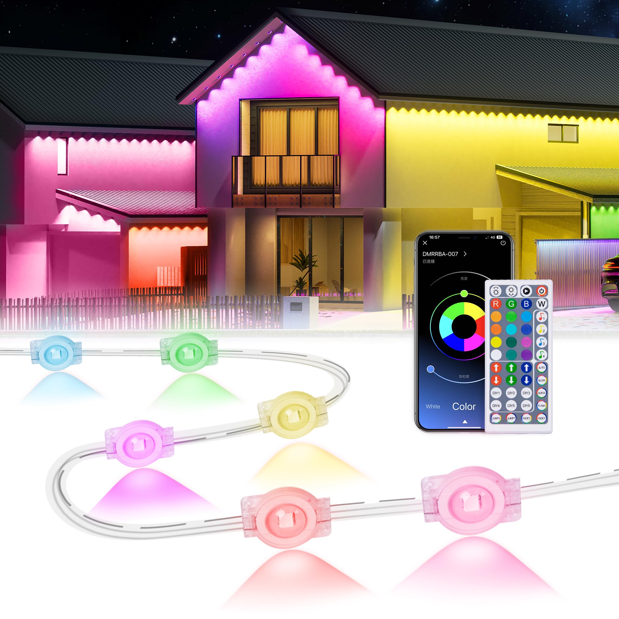 MuliVid Outdoor Lights, Smart RGB 150FT, IP67 Waterproof, Remote APP Control, Multicolor, Model LX20250312-45M