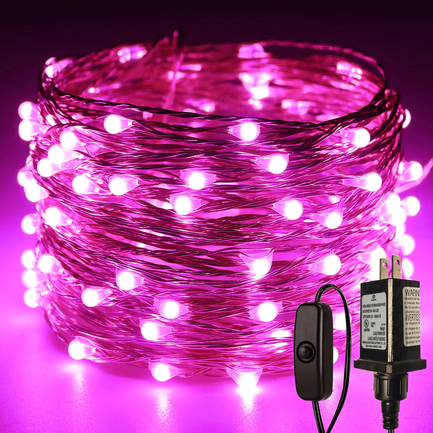 RUICHEN Plug in Fairy Lights with Switch  Waterproof 33 Ft 100 LED Silver Wire Starry String Firefly Lights for Christmas  Easter  Valentines Day  Parties  Wedding  Vases  Craft  Pink
