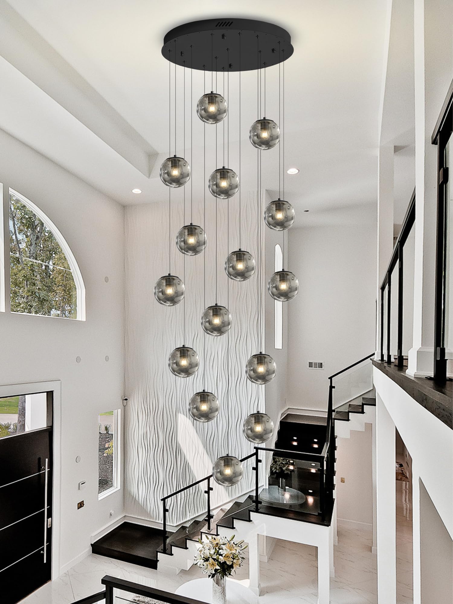 ykolupty Modern Smoke Gray Glass Globe Chandelier 15-Light Metal Pendant Light for High Ceilings, Living Room, Foyer, Model TP3016-YH-15H