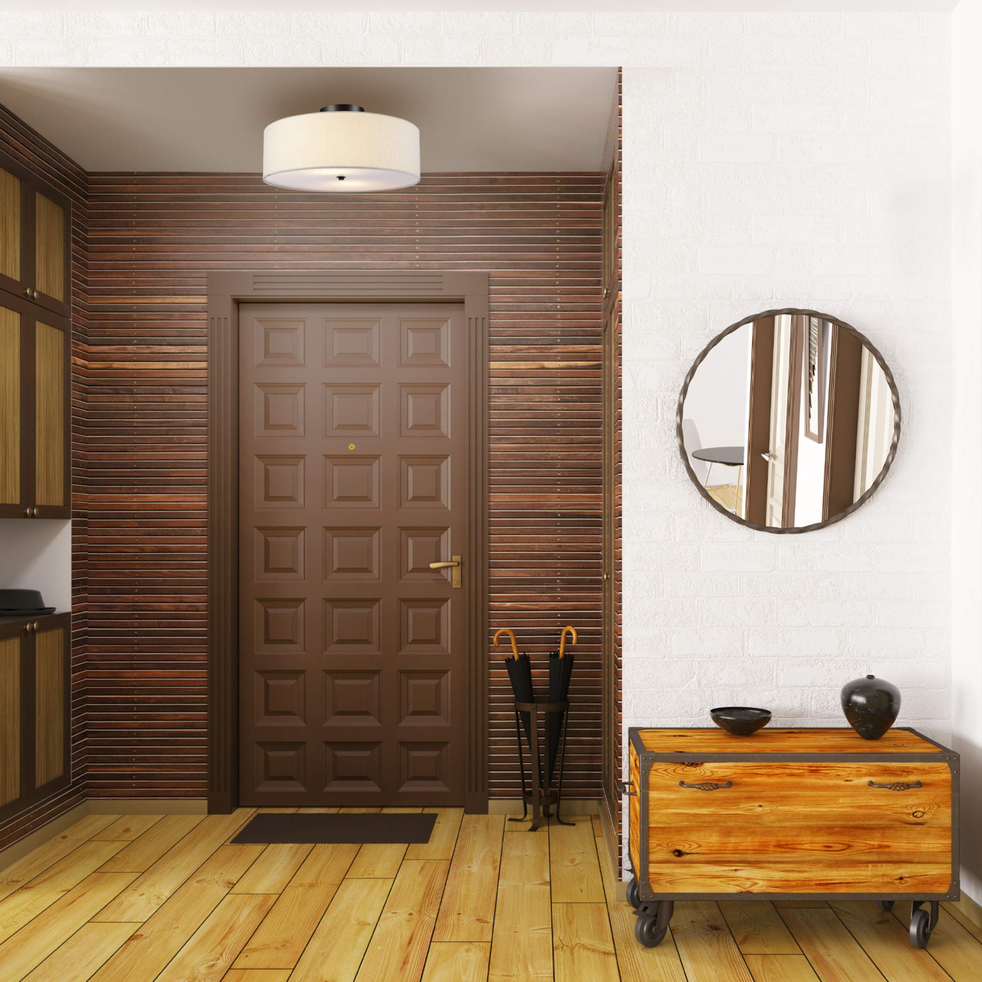 Globe Electric 60315 2-Light Flush Mount Ceiling Light, Dark Bronze, White Linen Shade, Kitchen, Lights, Bathroom, Home Essentia