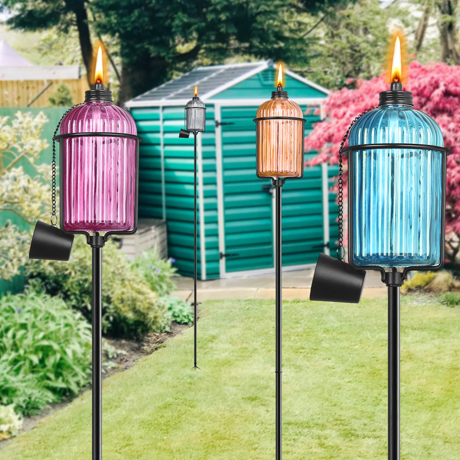 Fan-Torches 4 Pack Colorful Metal Garden Torches, 59-Inch Citronella Outdoor Decor