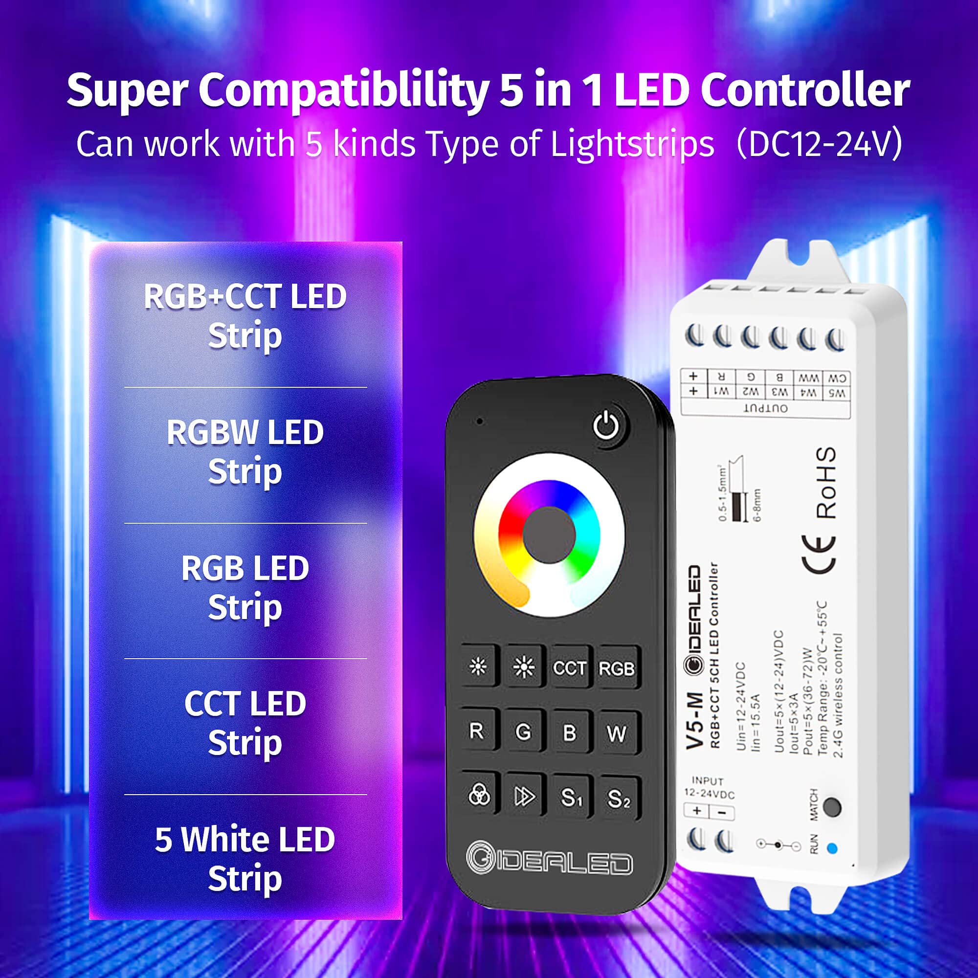 GIDEALED 2.4G Wireless LED Controller with RF Remote, RGBWW/RGB Color Changing, DC12V-24V, Plastic Material