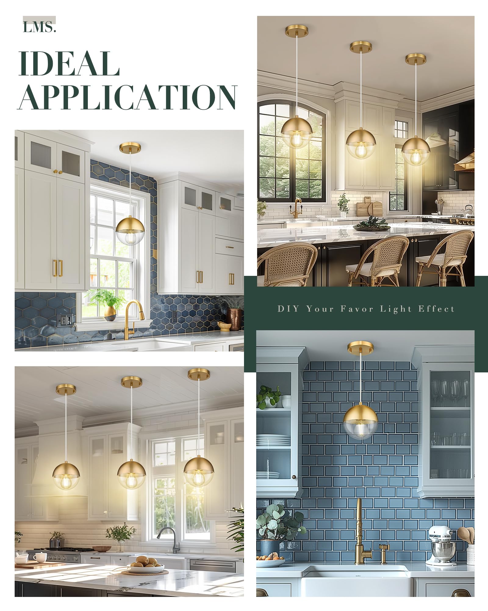 Lms 6-Inch Modern Pendant Light, Brushed Gold Industrial Kitchen Island Pendant Light With Clear Globe Glass, Adjustable Hanging