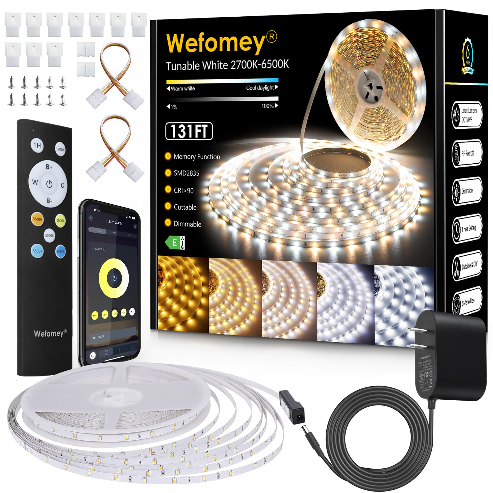 Wefomey LED Strip Lights, Dimmable 24V Tape Light, 131ft, 2700K-6500K Tunable White, UL-Listed Power Supply, Model US