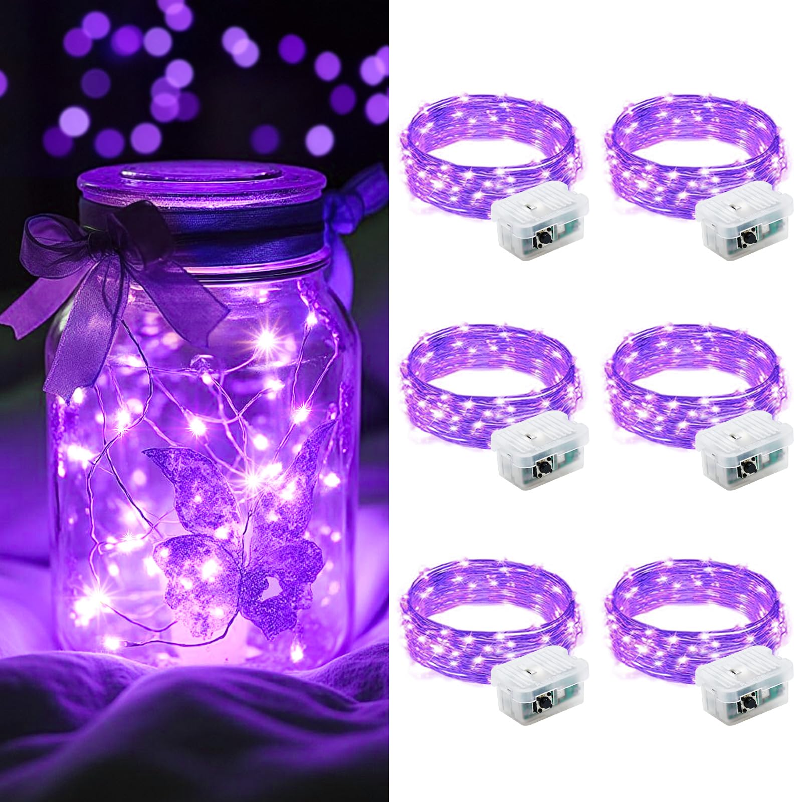 AIKEI 6 Pack LED Fairy Lights Battery Operated  Fairy String Lights 3 Modes Waterproof 7 Feet 20 Led Firefly Starry Lamps for Wedding Party Bedroom Garden Halloween Christmas Decoration Purple