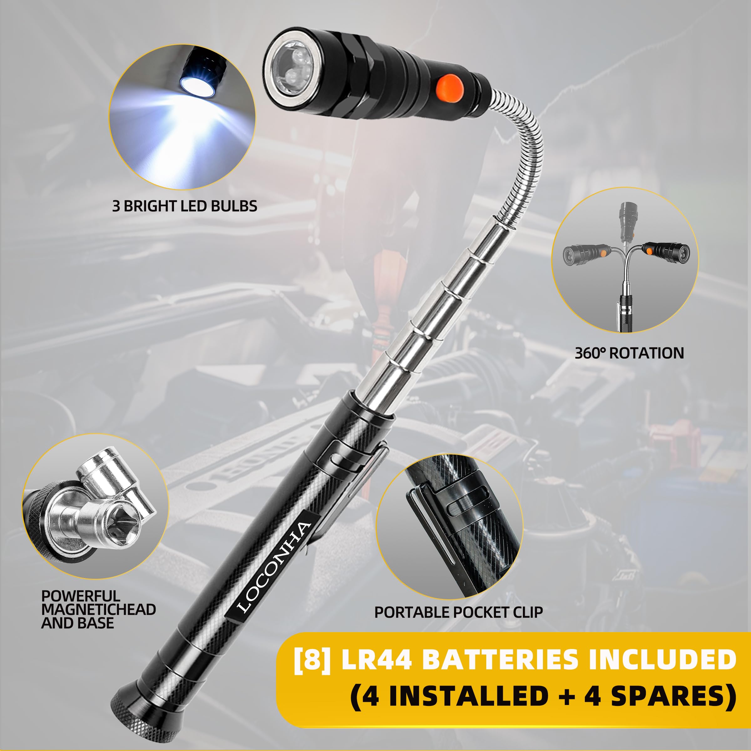 LOCONHA Magnetic Pickup Tool with LED Lights, Telescoping Magnet Flashlight, 2 PACK