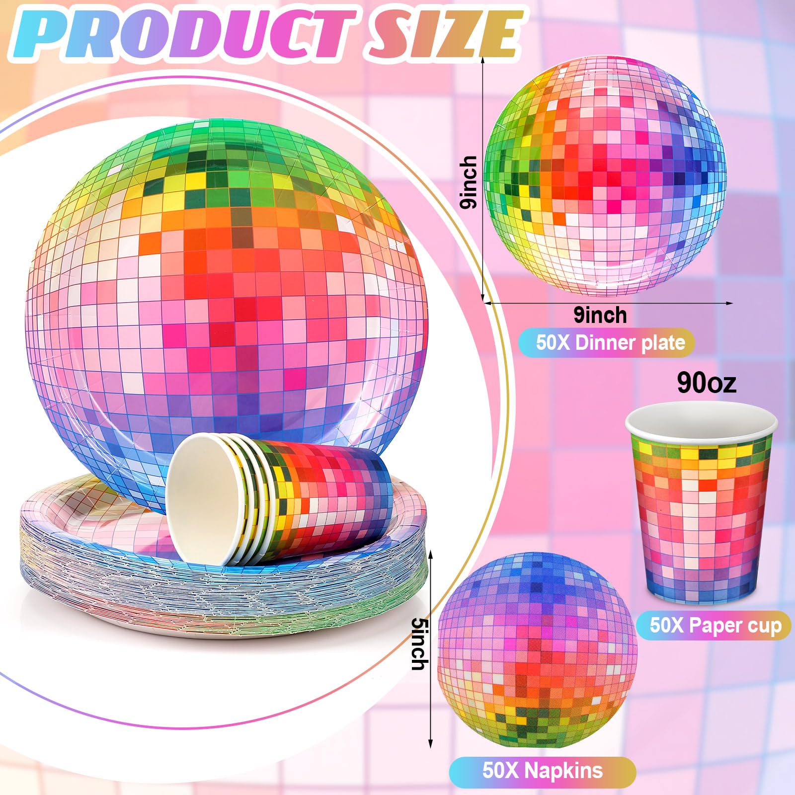 Gerrii 70S Disco Party Supplies Includes 50 Pcs Silver Disco Ball Paper Dinner Plates 50 Pcs Disco Paper Cups 50 Pcs Disco Party Cocktail Napkins For Disco Wedding Party Picnic Travel (Colorful)