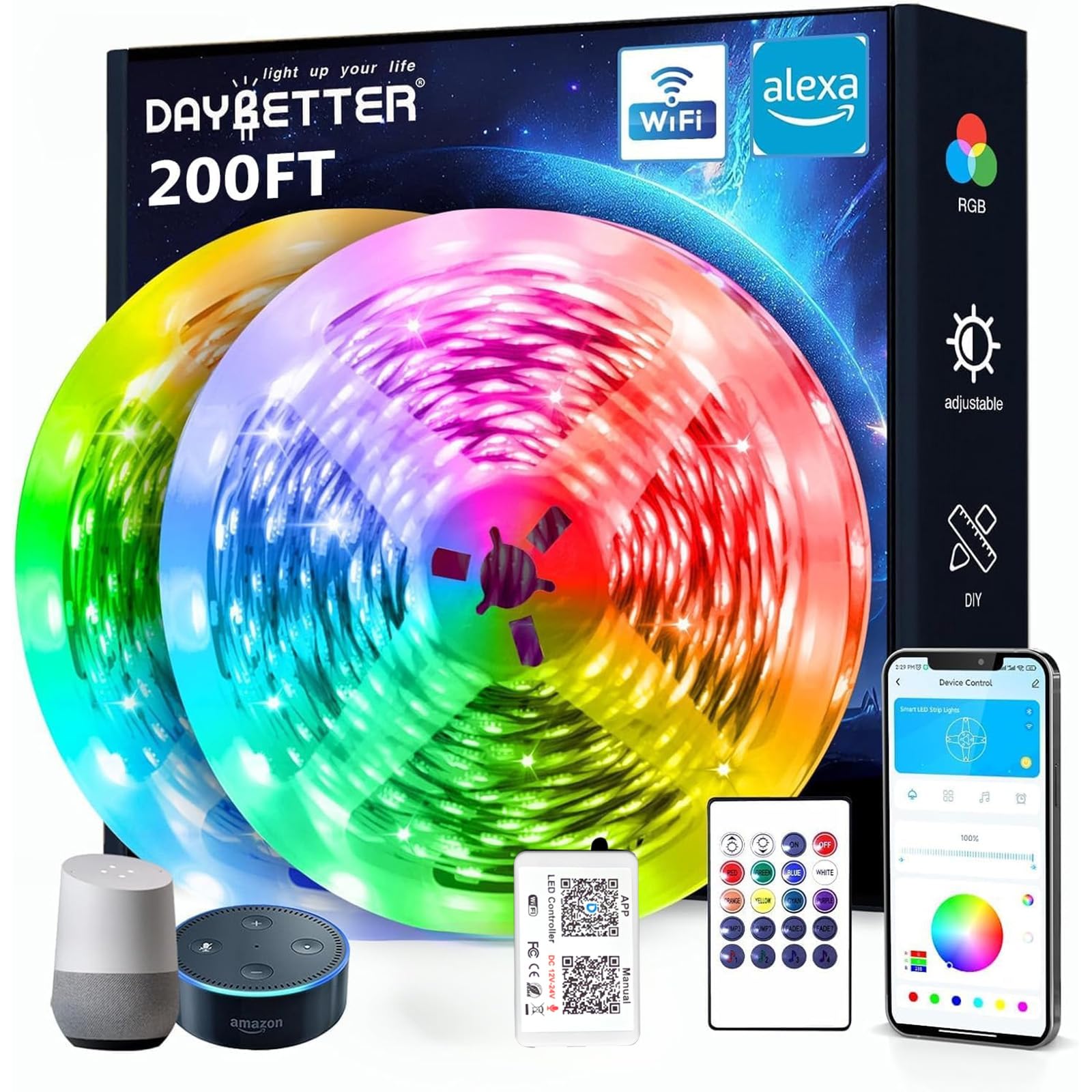 DAYGameTER Smart WiFi Led Lights 200 ft  Led Band Lights Work with Alexa and Google Assistant  App Voice Remote Control Music Sync Color Changing RGB Band Lighting for Bedroom Room Decor  100 ft *2