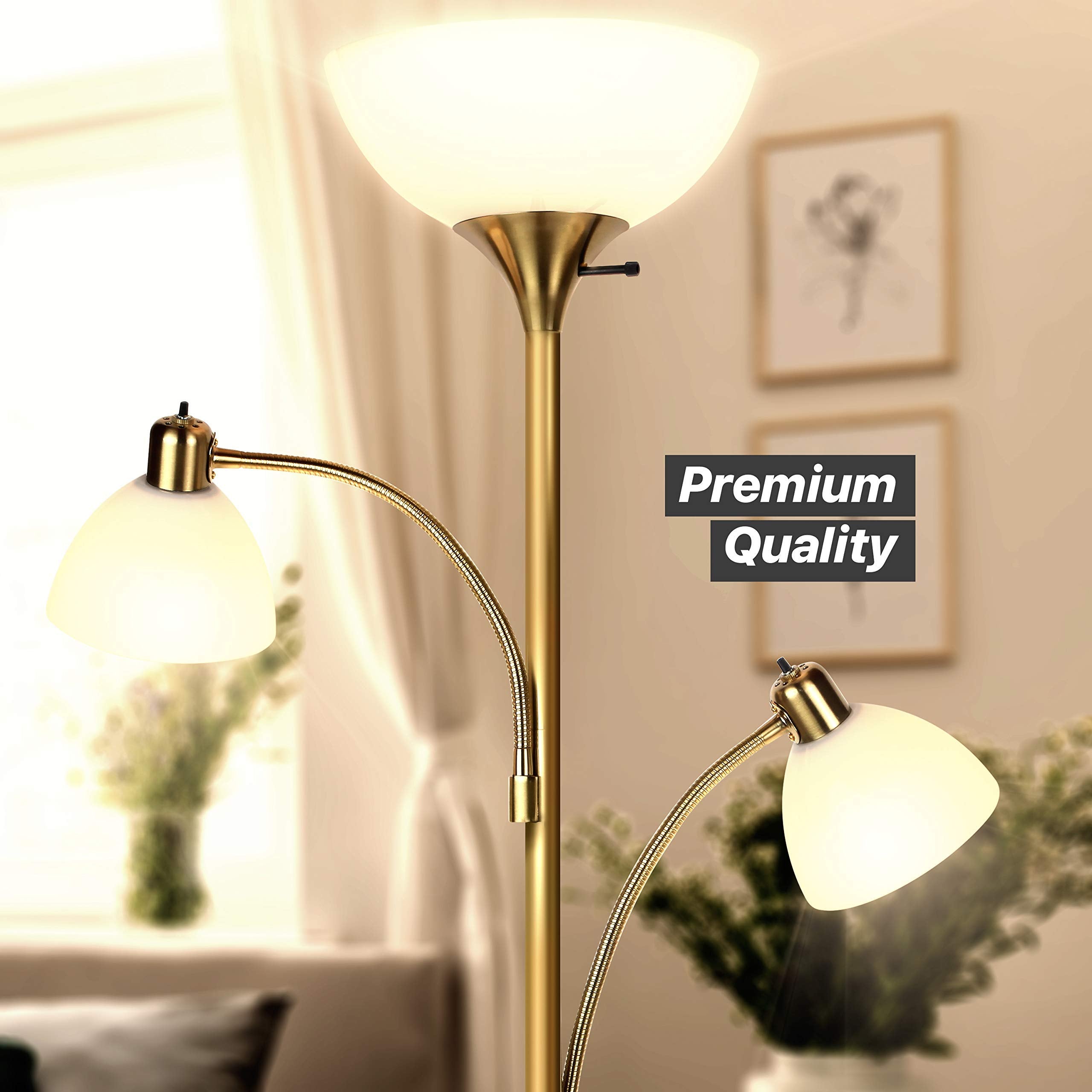 Brightech Sky Dome LED Floor Lamp - Dimmable Torchiere with 2 Reading Lamps, Gold Brass, Model FL-DME2-BRS