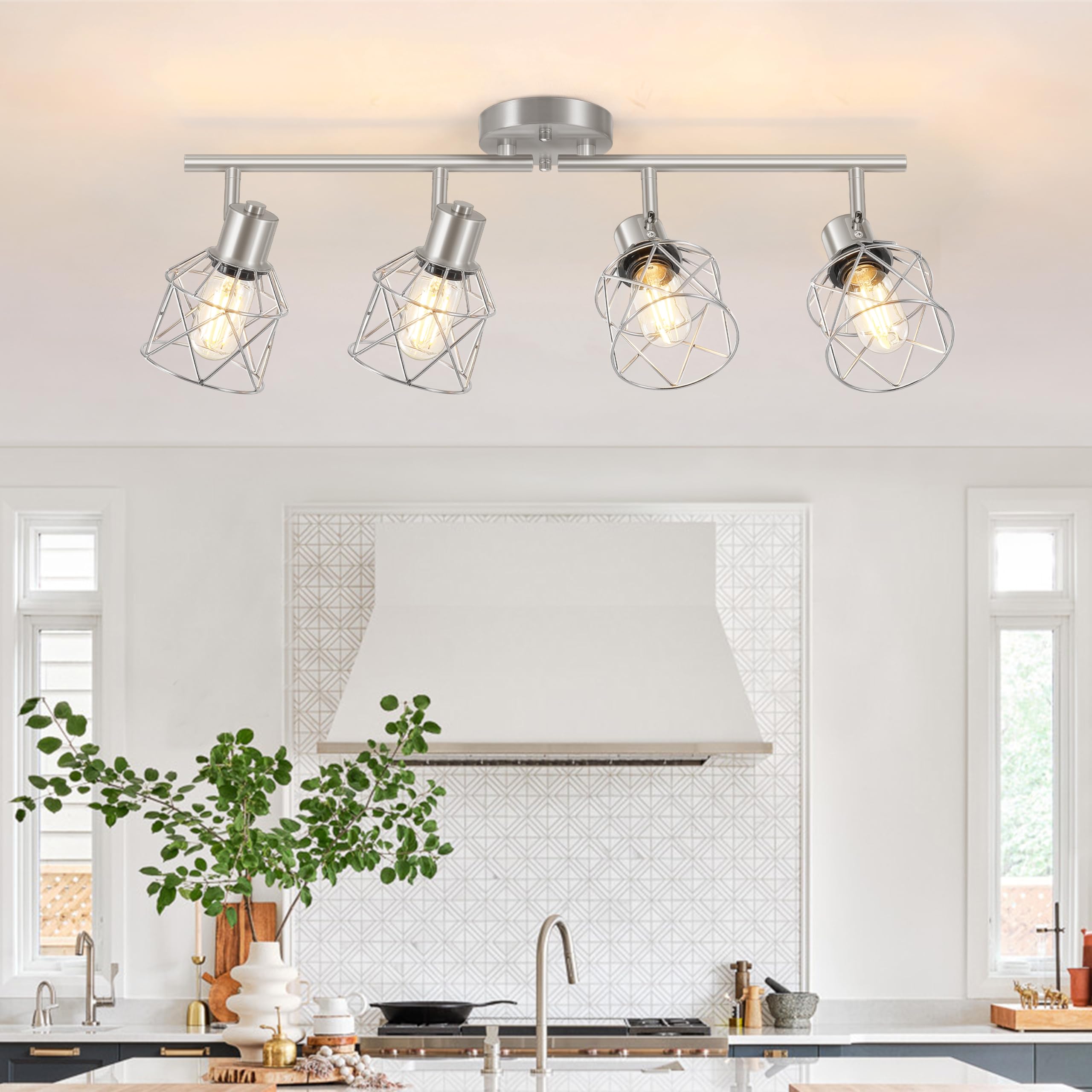 Baocuz 4-Light Kitchen Lighting Fixtures  Adjustable Multi-Directional Brushed Nickel Track Ceiling Light  Semi Flush Mount Ceiling Spotlight With Wire Cages For Living Room  Bedroom  Hallway