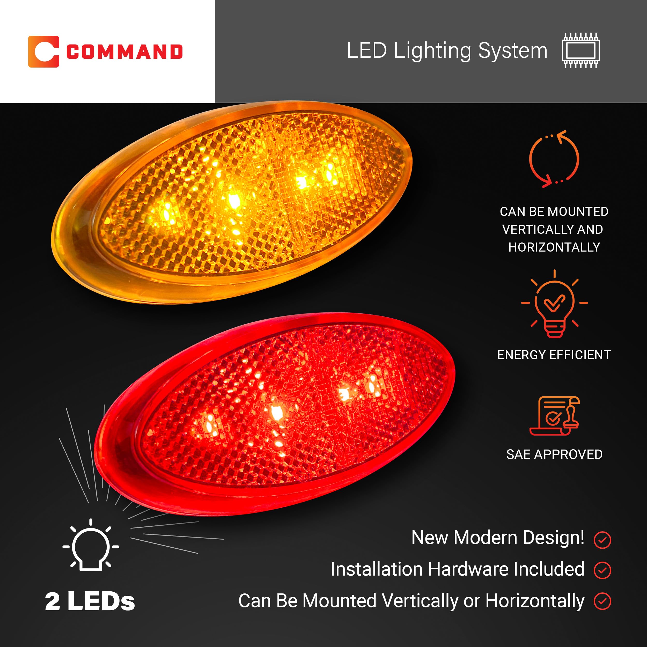 Command Electronics 12V LED RV & Trailer Clearance Light - Surface Mount, Amber & Red, Polycarbonate, 4-Pack