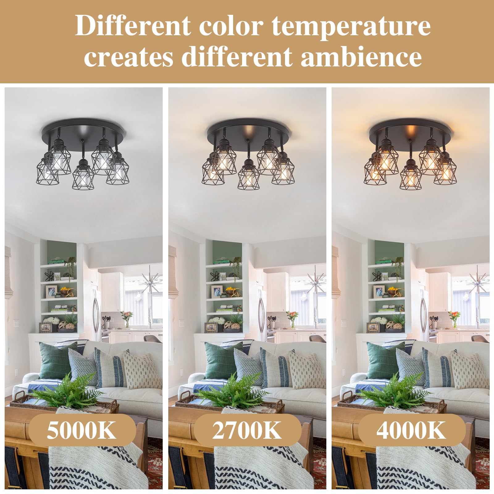 5-Lights Kitchen Light Fixtures Ceiling Mount, Adjustable Multi-Directional Black Flush Mount Ceiling Light, Retro Metal Cage Fa