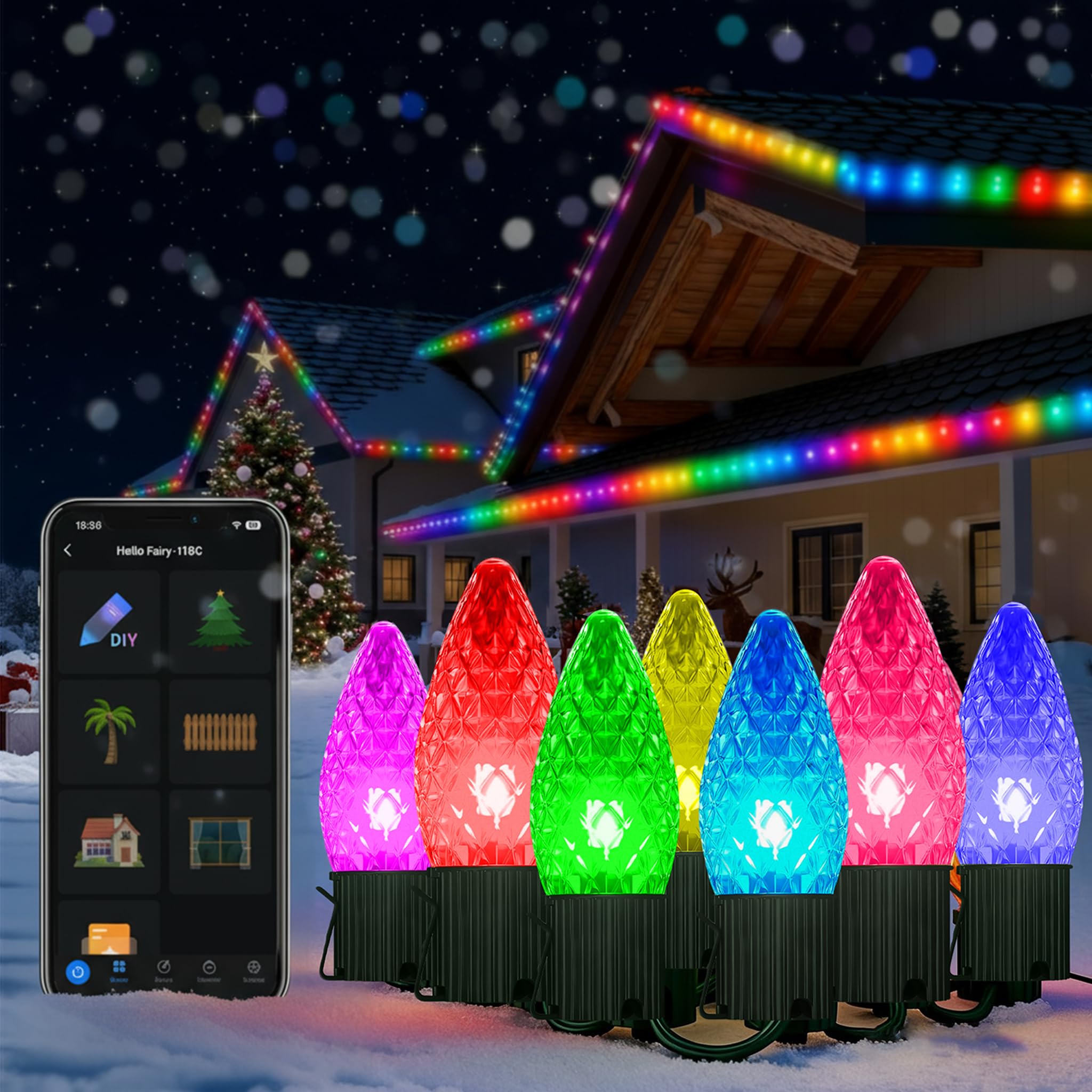 Smart C9 Christmas Lights Outdoor  174 Feet 200 LED C9 String Lights App Control  105 Light Modes  Waterproof Commercial Grade Connectable RGB Christmas Tree Lights for Indoor Outside Roofline Patio