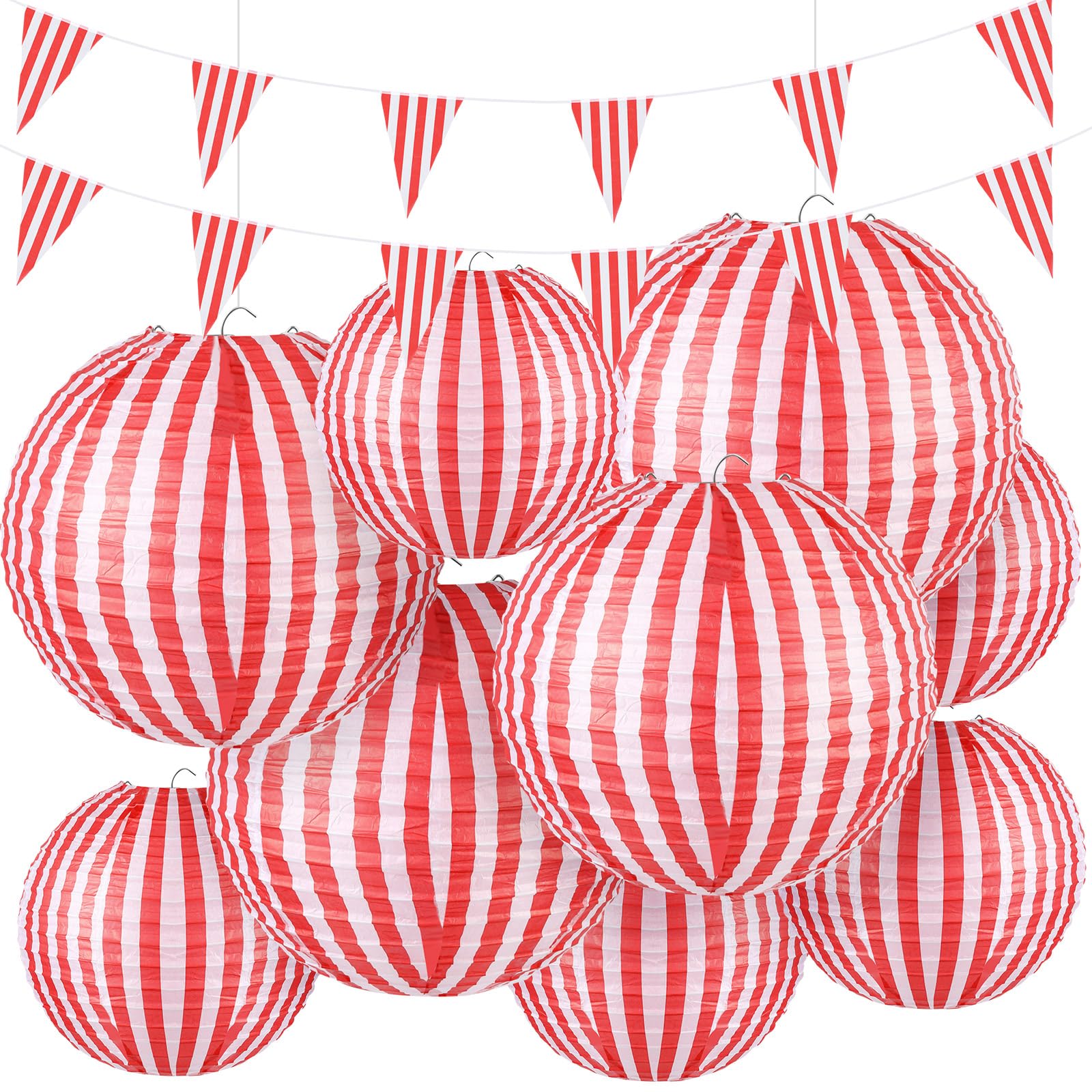 Hortsun Carnival Circus Party Decorations -12 Pcs Red and White Stripes Paper Lanterns (8 & 12 Inch), 2 Pcs Striped Pennant Bann