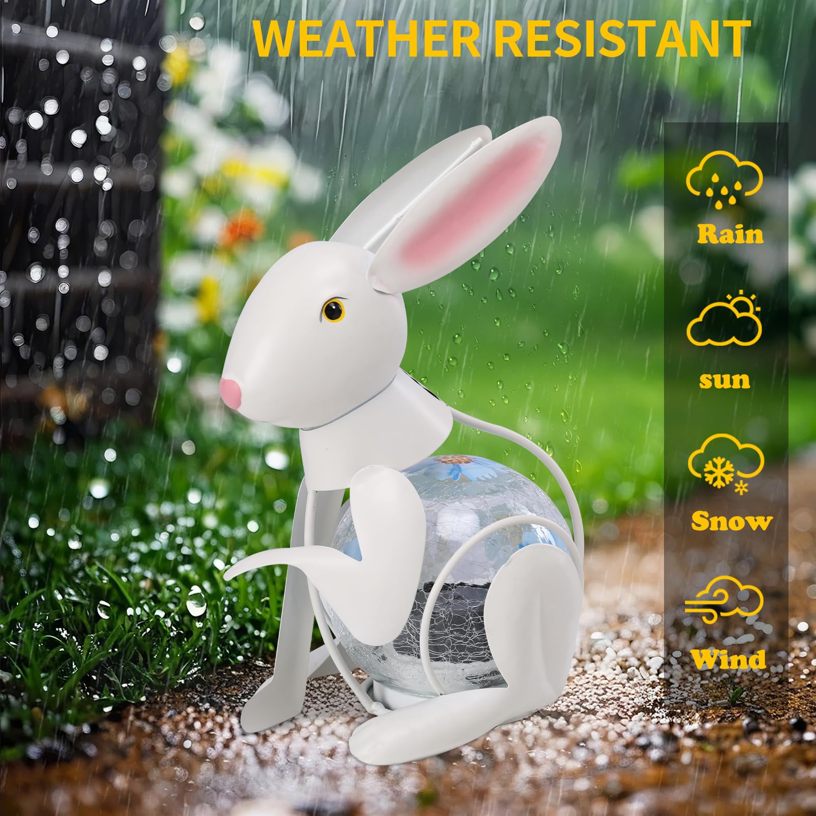 MUMTOP Solar Lantern - Waterproof White Metal Rabbit Decorative Light,  ed Glass, Tabletop Lantern for Yard Patio Garden