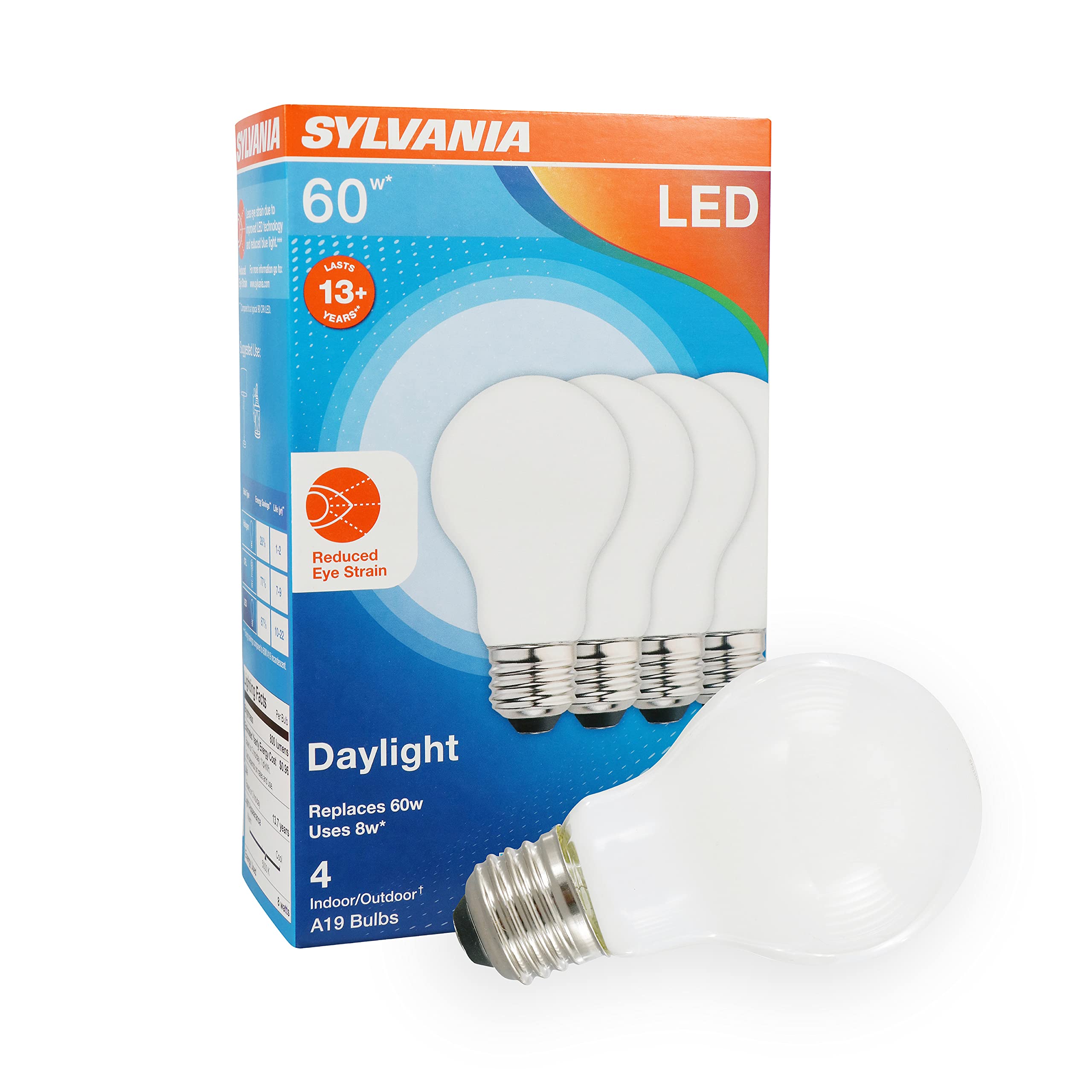Sylvania Reduced Eye Strain A19 Led Light Bulb, 60W = 8W, 13 Year, Dimmable, Frosted, 5000K, Daylight - 4 Pk