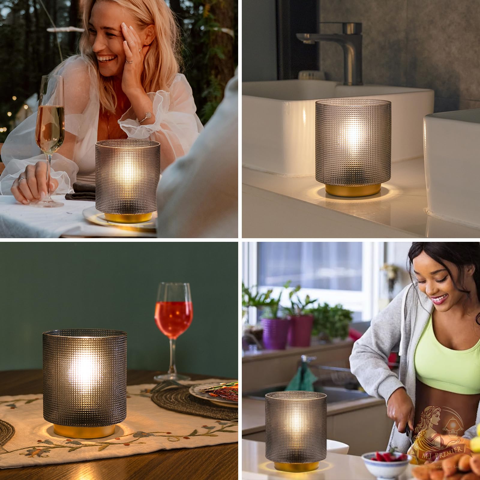 Mj Premier Battery Operated Lamp With Timer, Glass Cordless Lamp For Power Outage, Decorative Small Battery Powered Lamps For Be