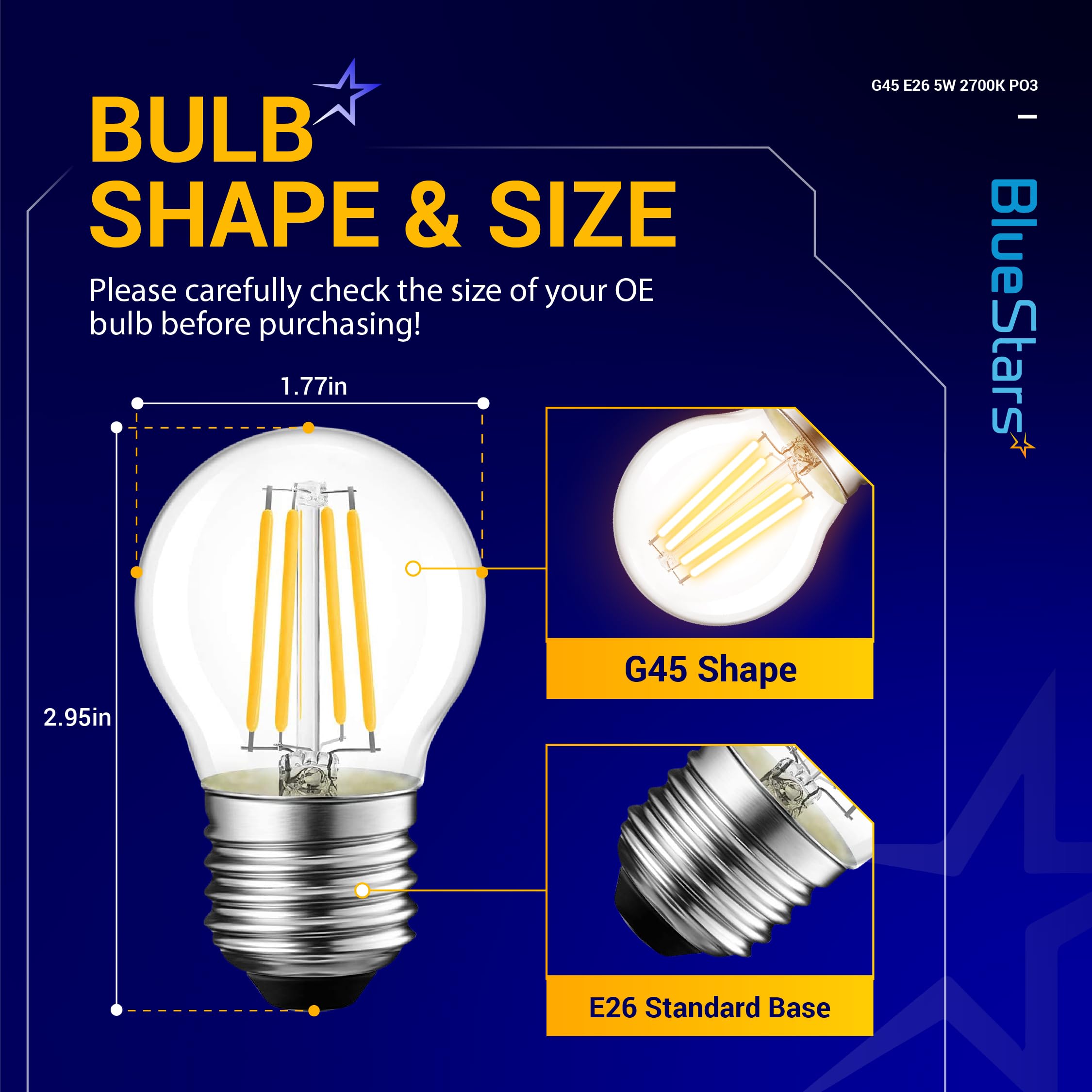 BlueStars G45 E26 Edison LED Globe Bulb, 5W (60W Equivalent), 2700K Warm White, 550lm, 3 Pack