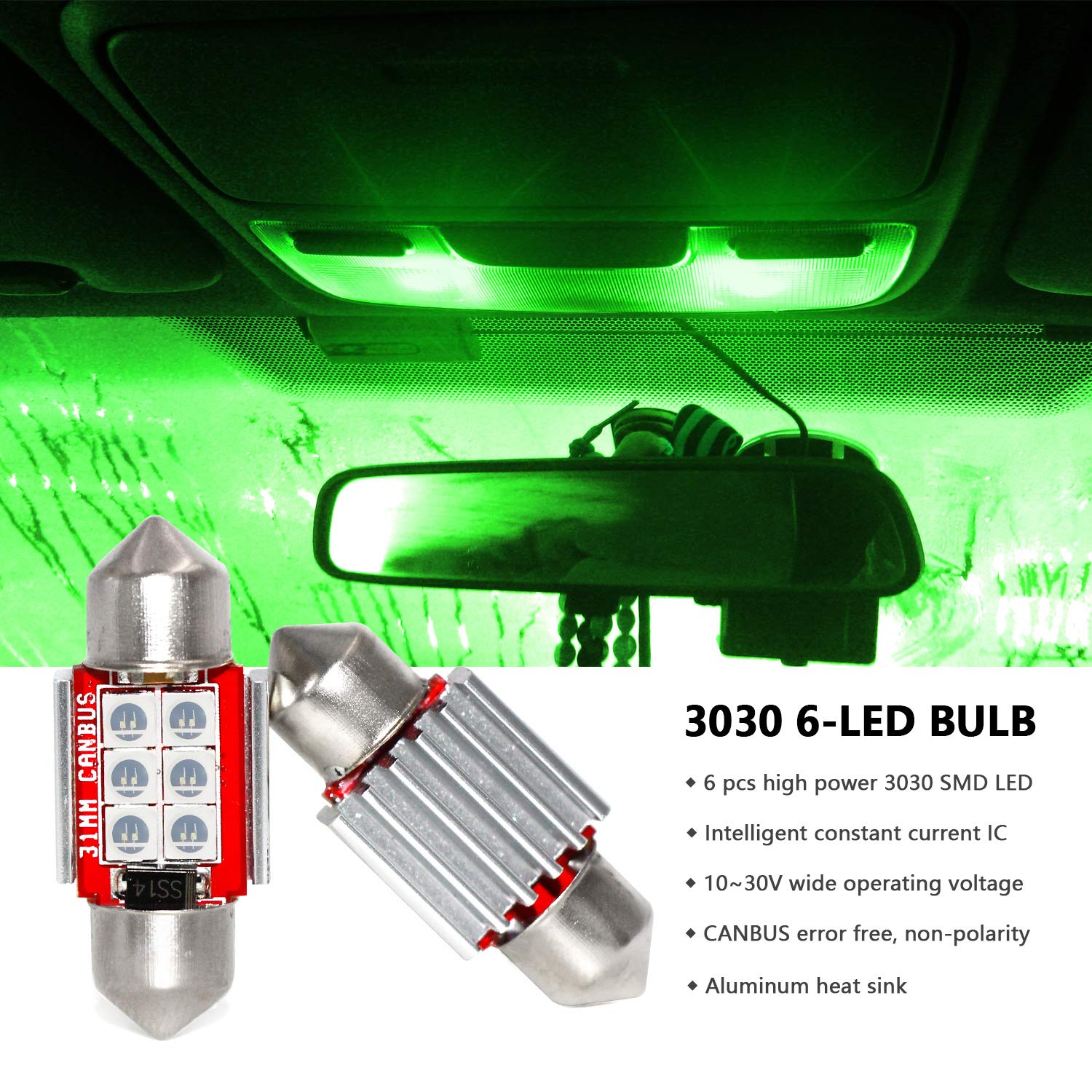 Phinlion 31Mm De3175 Green Led Light Bulbs, Super Bright 3030 6-Smd De3021 De3022 Miniature Festoon Led Bulb Replacement For Car
