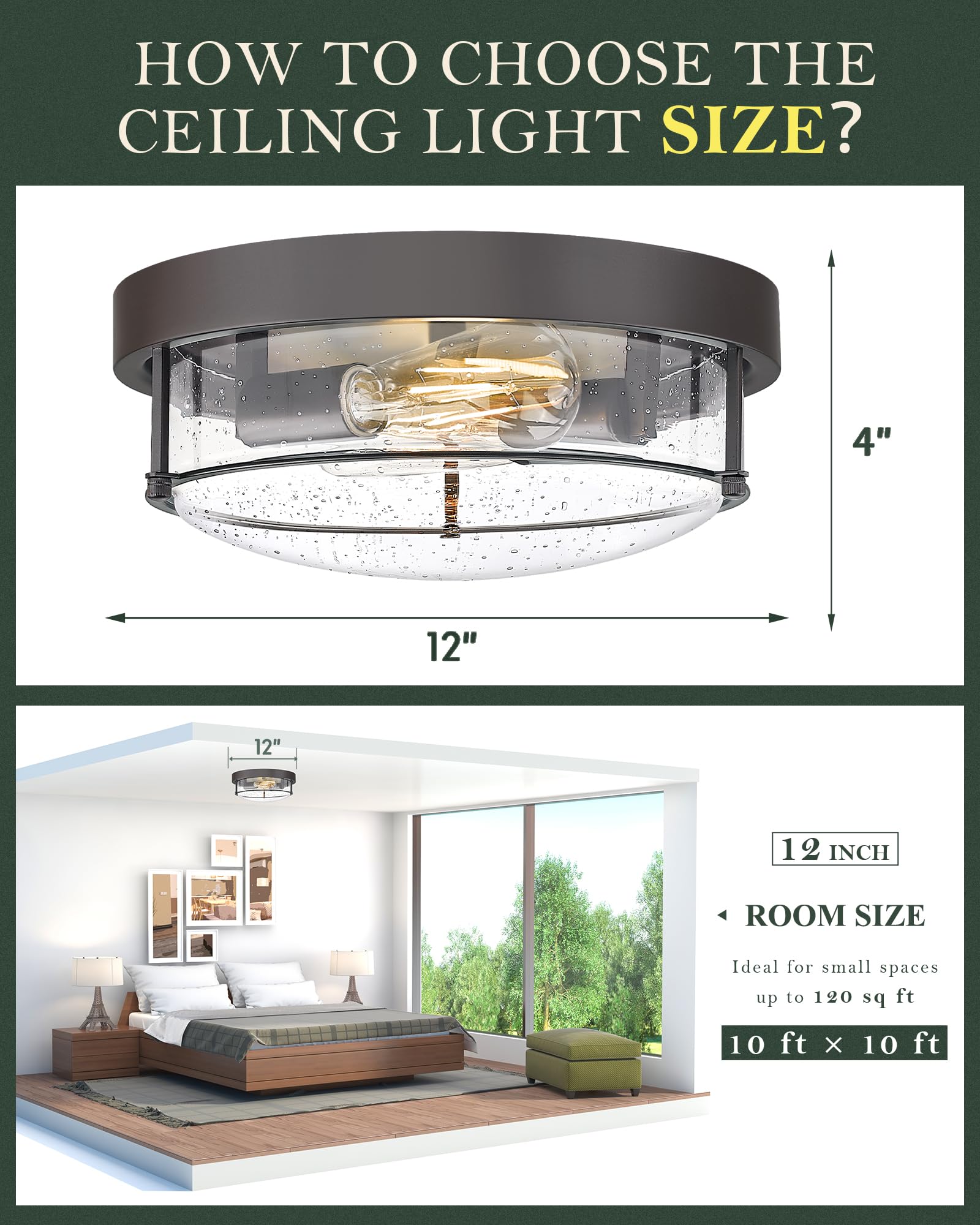 Cargifak 12-Inch Flush Mount Ceiling Light  Modern Farmhouse Style With Bubble Glass Shade  Oil Rubbed Bronze Finish  Ideal For Living Room  Bedroom  Or Dining Room - Model Ckcl4822-2W-Sgorb