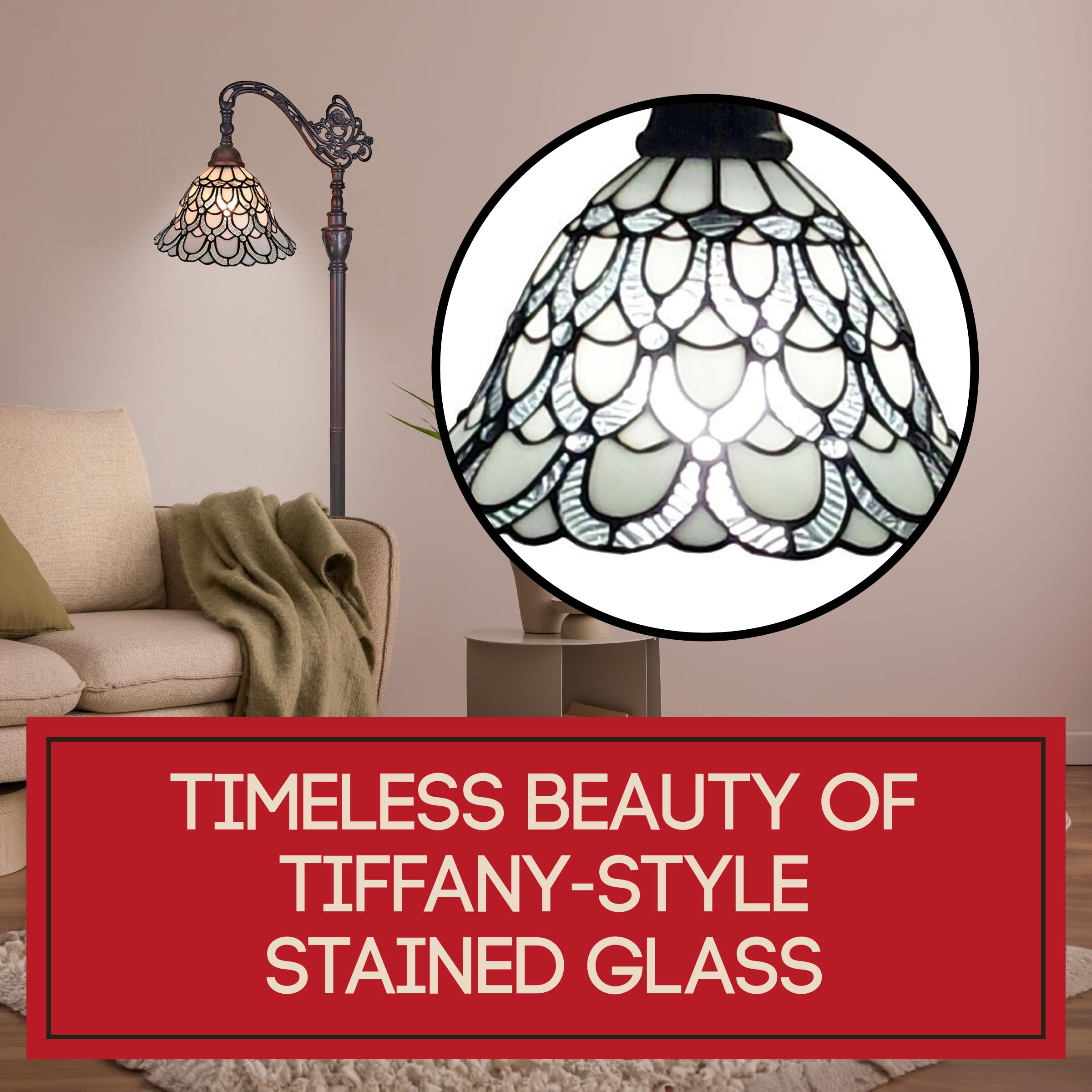 Amora Tiffany Floor Lamp - 62" Arched Peacock Design, Stained Glass, White, Model AM107FL11