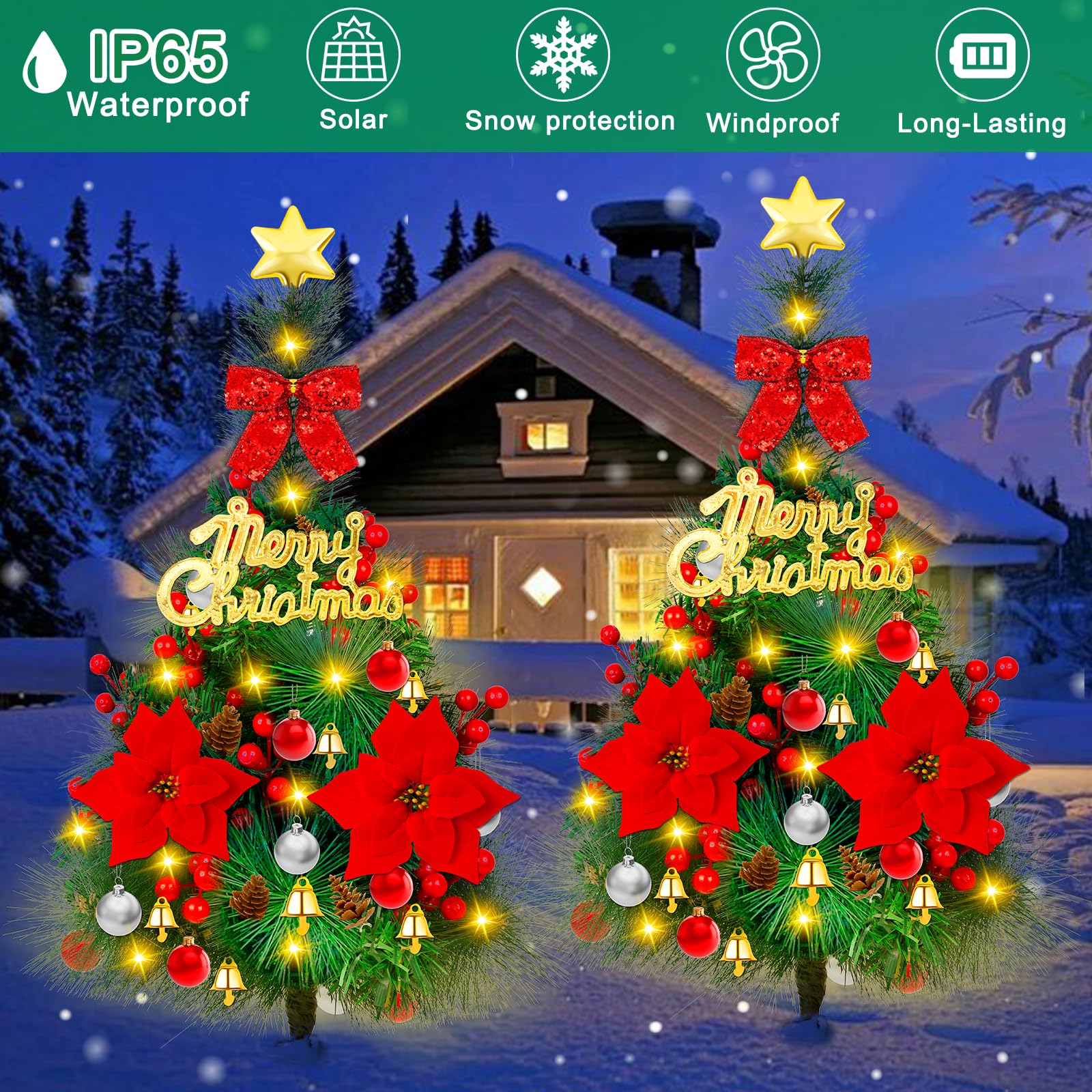 Mukum 2 Pack 30 Inch Solar Xmas Tree Light Outdoor Tree With 30 Led Lights, Pinecones, Star And Bells, Waterproof Christmas Path