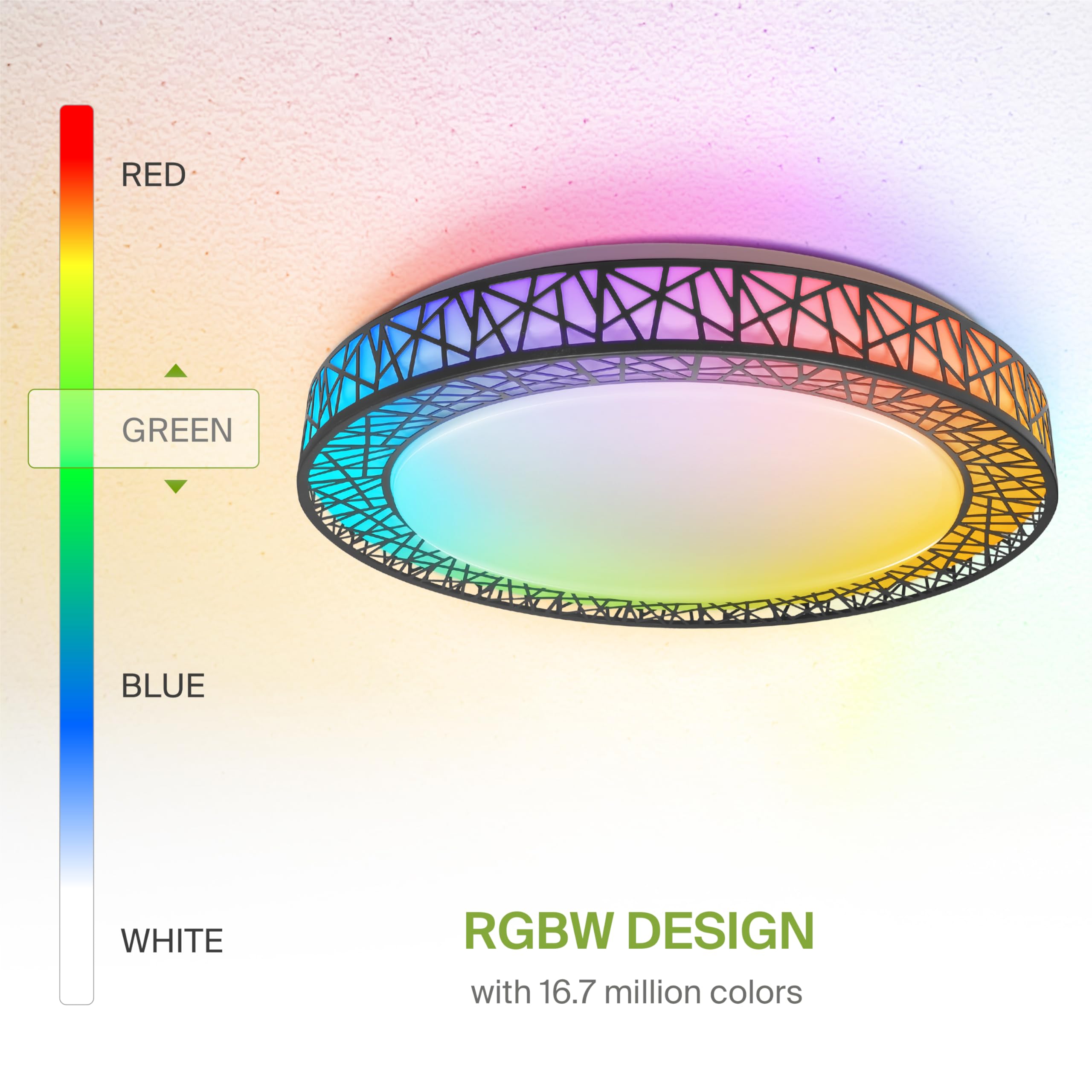 ASD Smart RGBW Flush Mount Ceiling Light 20 Inch, 42W, Dimmable, WiFi Control, Matte Black, Model A-LFM20D42SRGBW-B