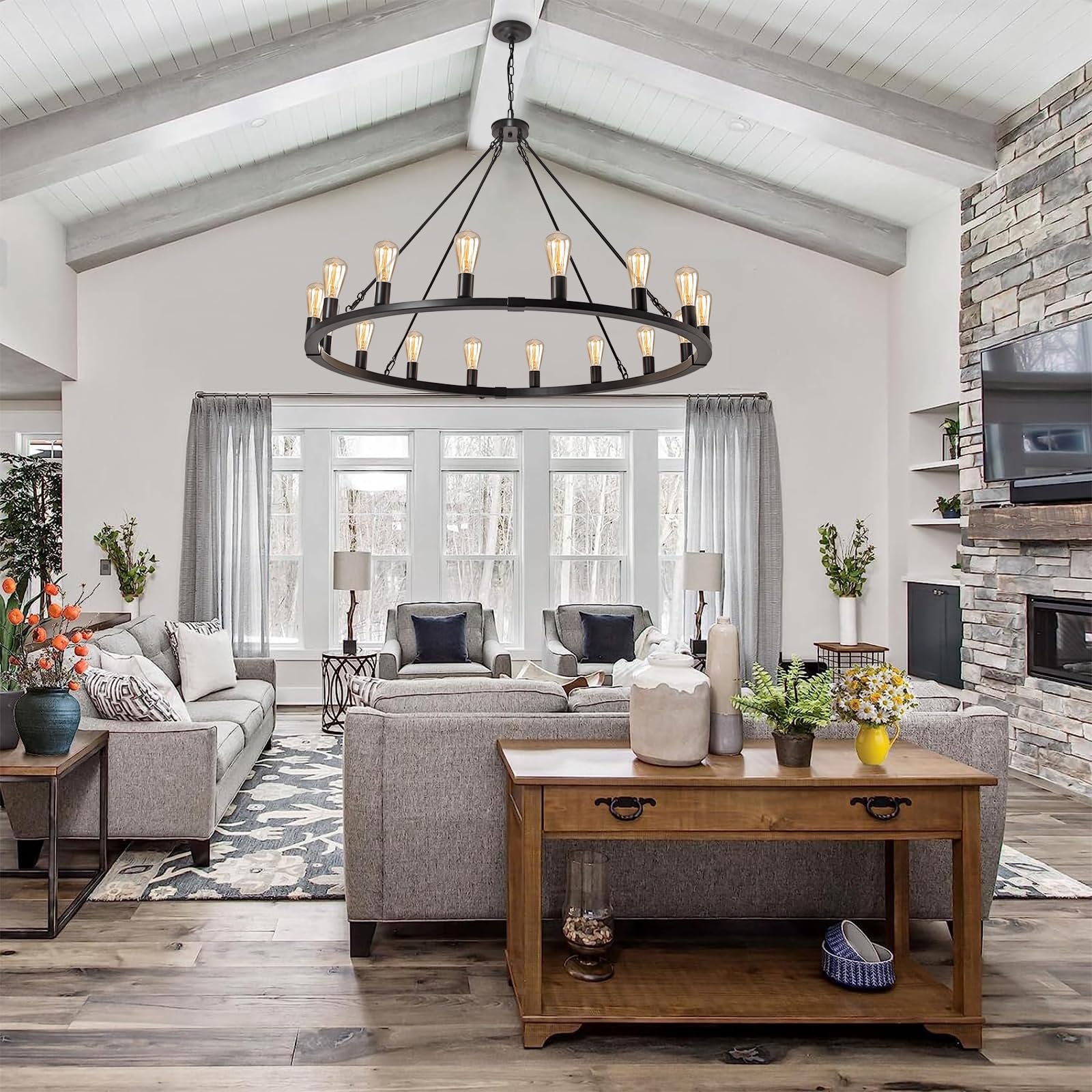 Rviezza 16-Light 48" Large Wagon Wheel Chandelier,Farmhouse Chandelier, Rustic Vintage Black Round Pendant Light Fixtures For Kitchen Island Dining Living Room Foyer Entryway