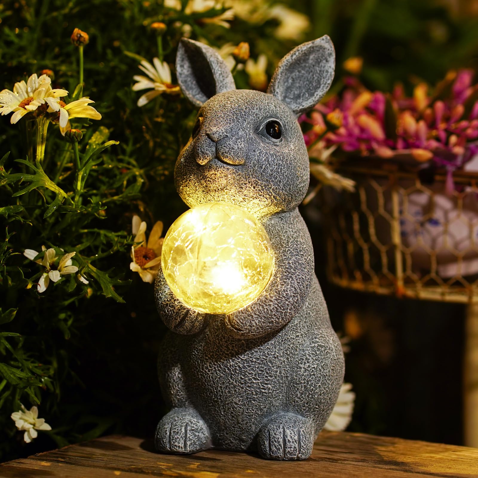 Tiejiajiang Gray Rabbit Solar Garden Statue With Gazing Ball - Outdoor Decor For Patio & Yard