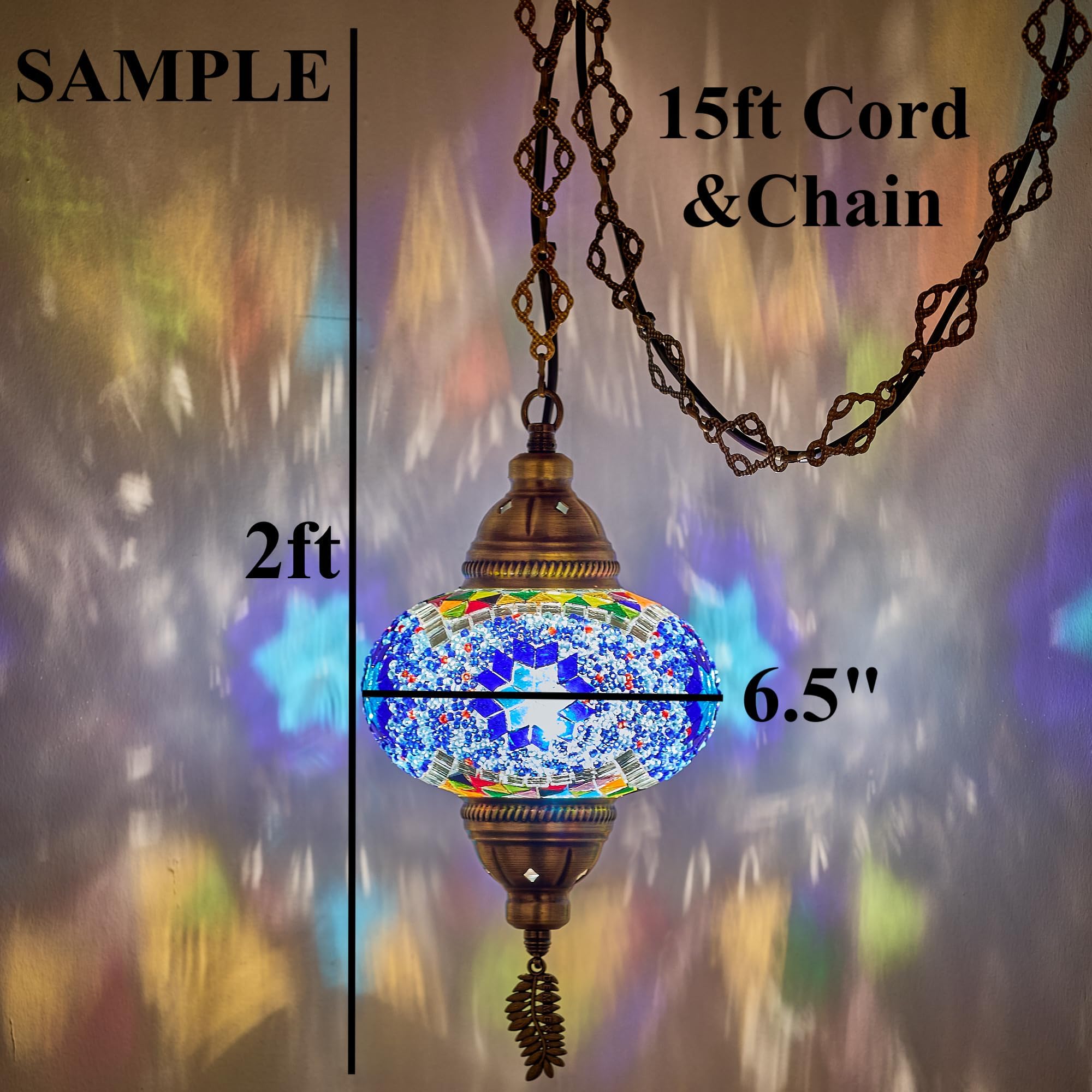 DEMMEX Moroccan Mosaic Swag Pendant Light - 6.5" Glass Globe, Multicolor, 15ft Cord, Handmade Ceiling Lamp