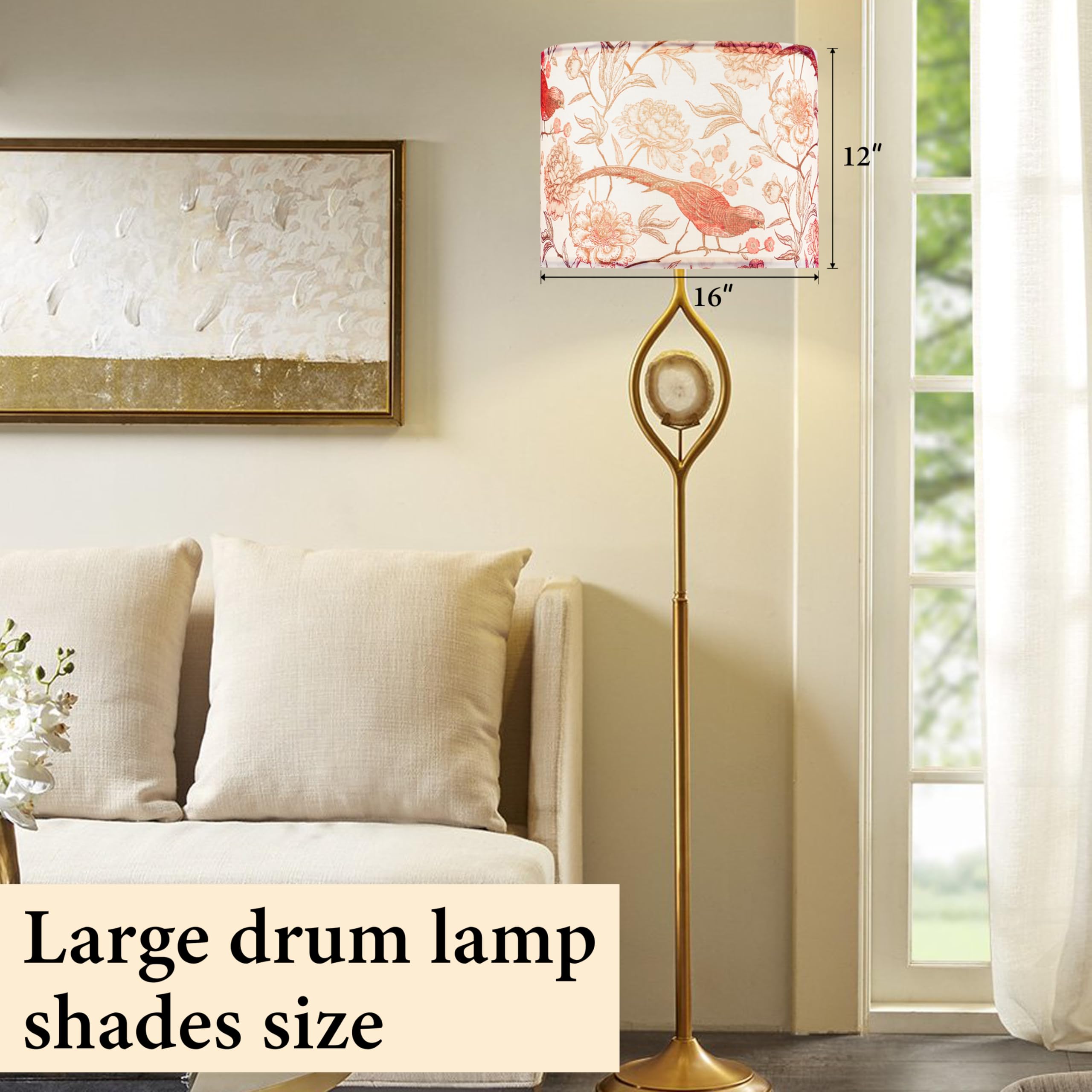 Go&So 1 Pack Floral Bird Large Drum Lamp Shade 1.65Spider E27 Base 16 X16 X12 Printed Pattern Design Diy Assembly With Multi-Adapter (E26/E14/10Mm) Ideal For Floor/Table Lamps/Pendant Lighting